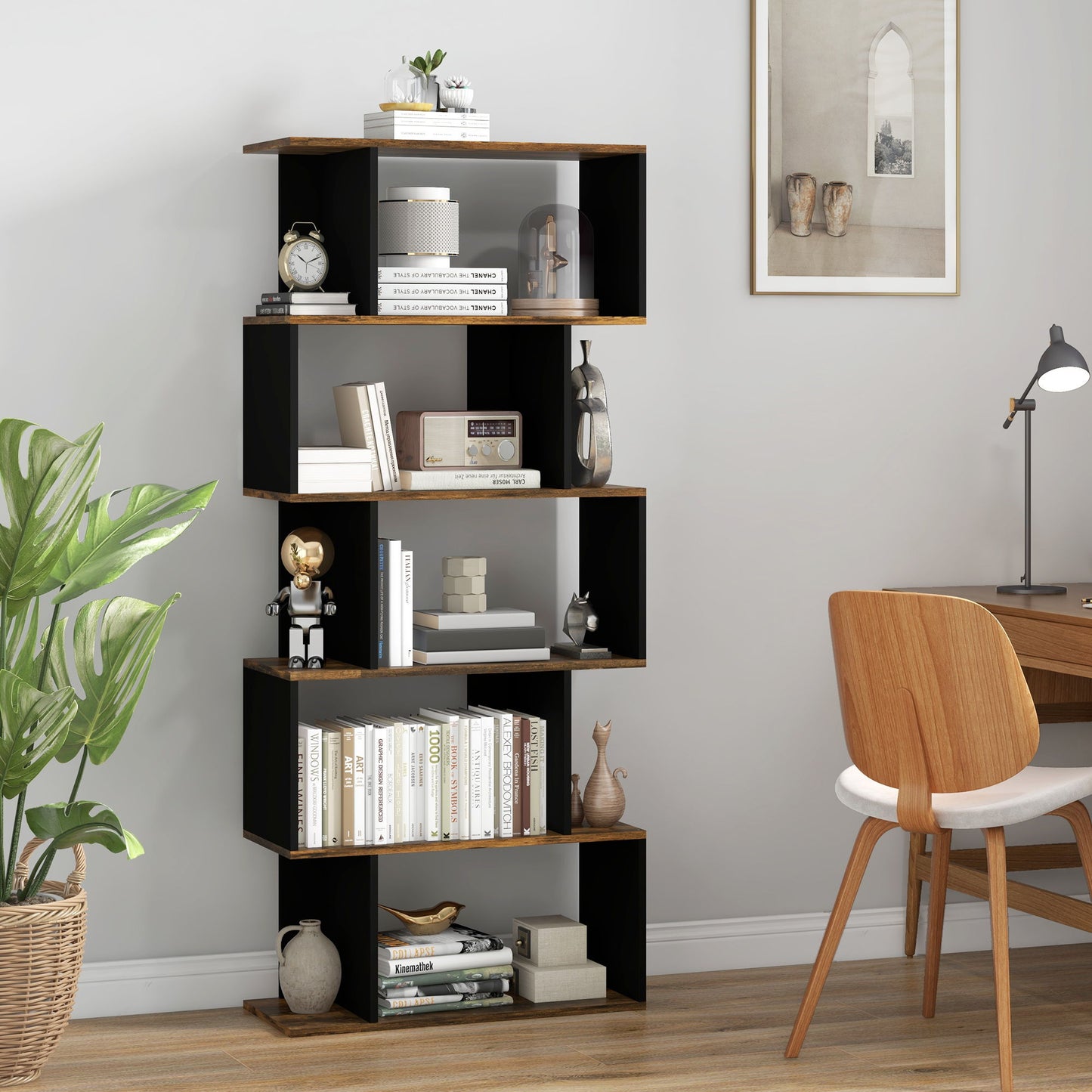 5-Tier Bookshelf, Geometric S Shaped Bookcase, Tall Narrow Display Shelf for for Living Room, Study Room, Rustic Brown