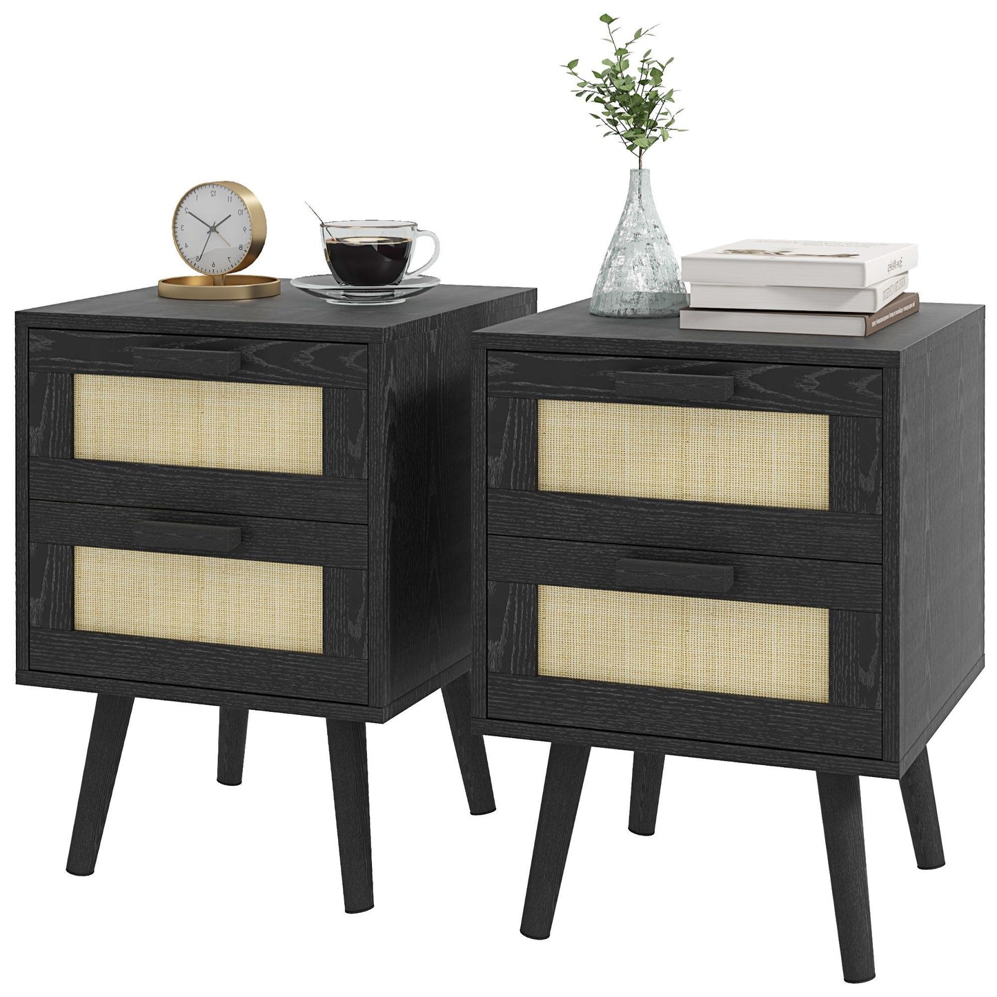 Boho Nightstands Set of 2 with 2 Drawers - Black