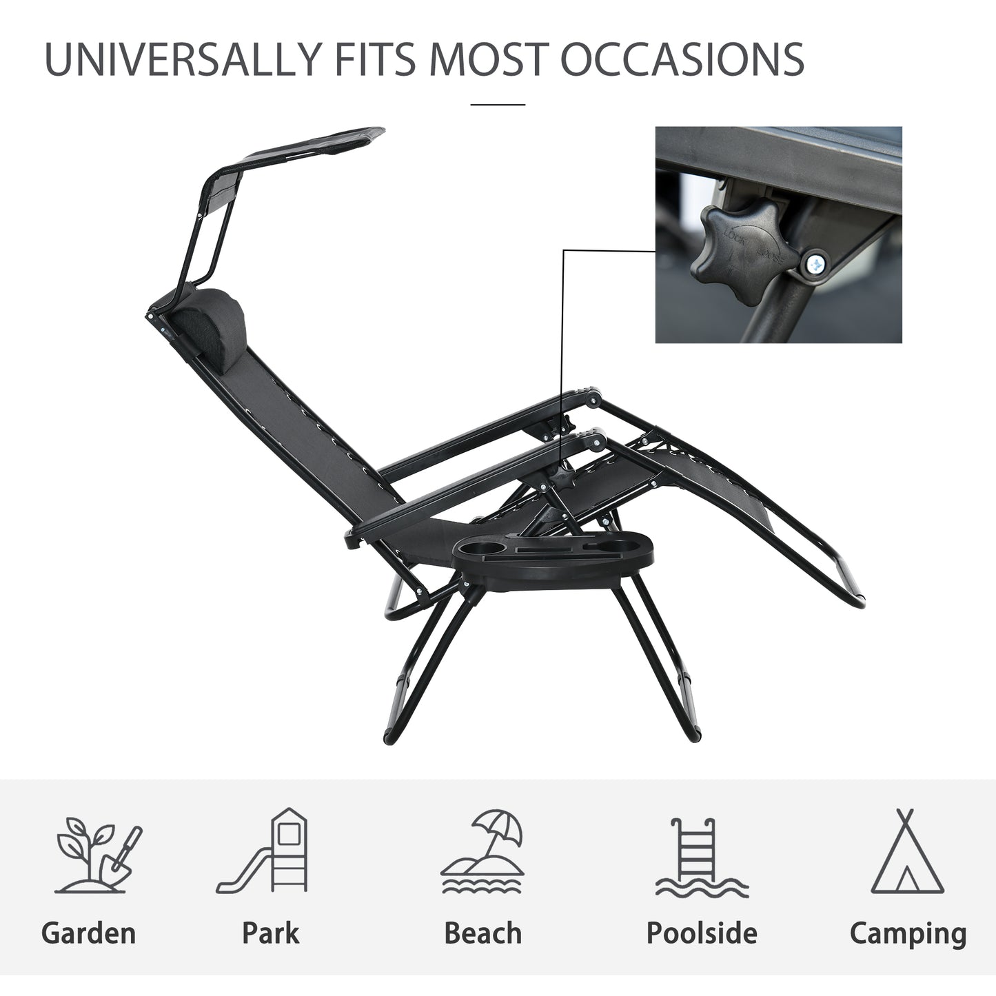 Outdoor Zero Gravity Reclining Lounger Chair with Canopy Shade, Side Tray, Cupholder, Beige