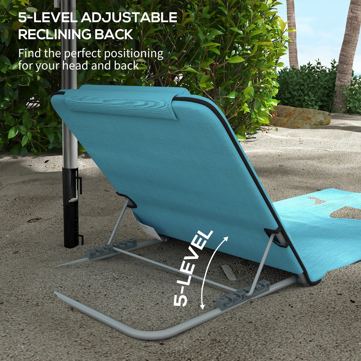 2 Pieces Beach Lounge Chair, Outdoor Folding Chaise Lounge Set w/ Pillow for Sunbath, Snap, Blue