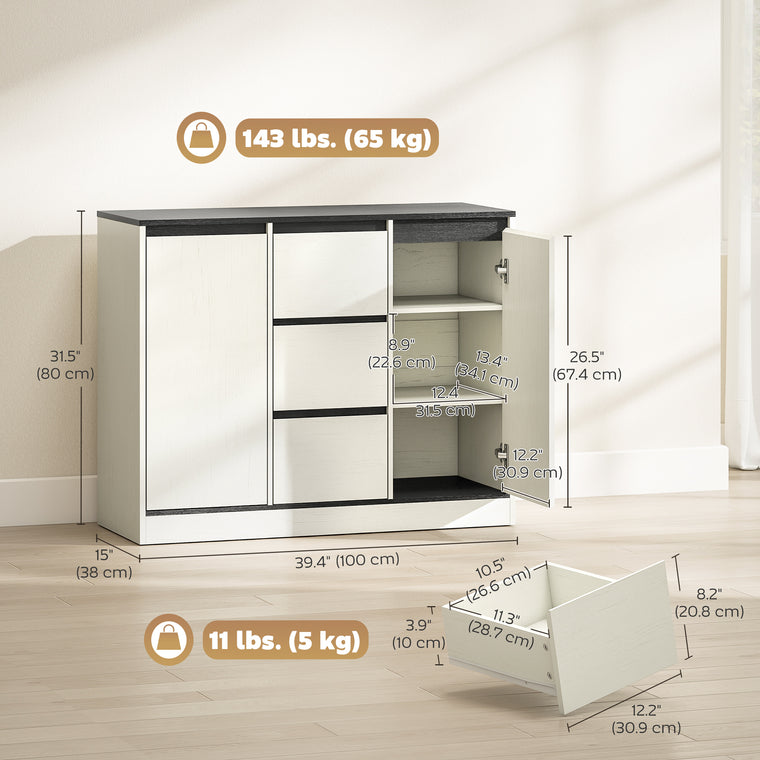 Sideboard Buffet with 3 Drawers and Soft-Close Hinges - White Wood Grain