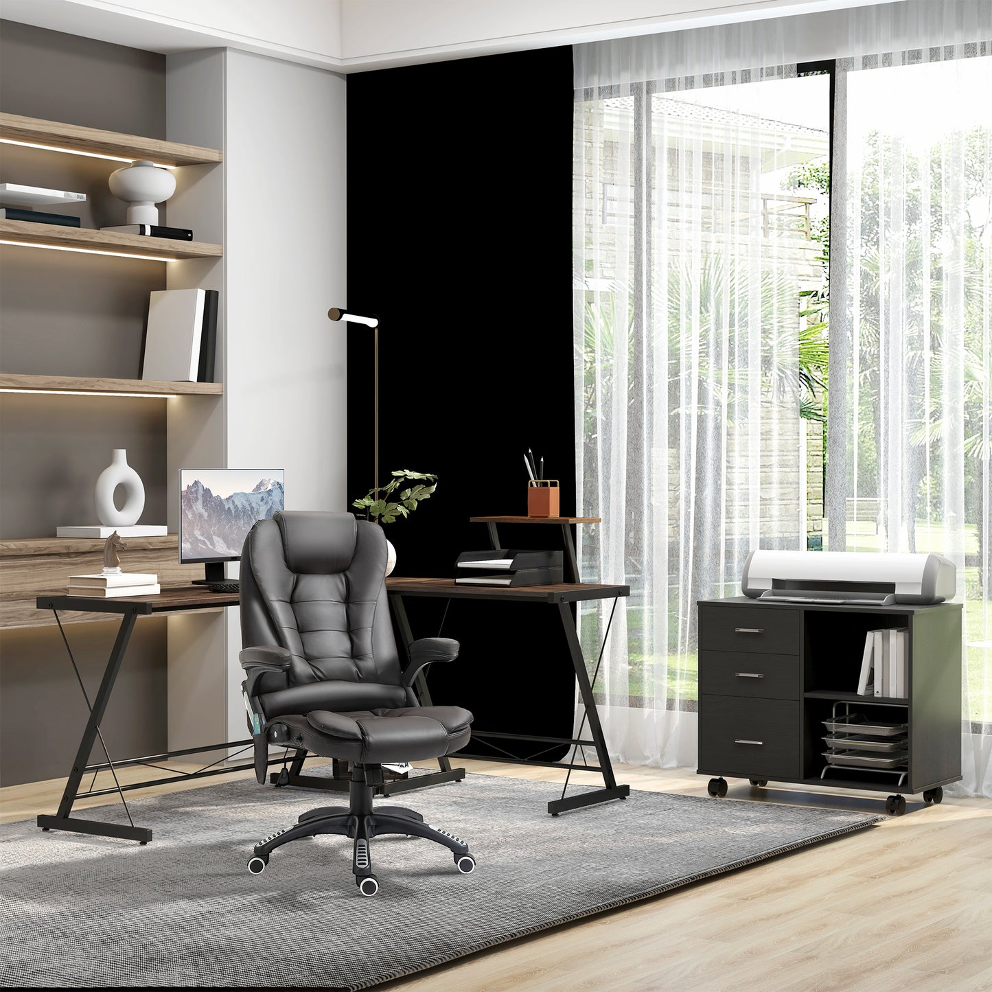 Modern Lateral Filing Cabinet, 3 Drawer File Cabinet for Letter and A4 Size Documents, Mobile, Printer Stand with Open Shelves, Rolling Wheels, Black