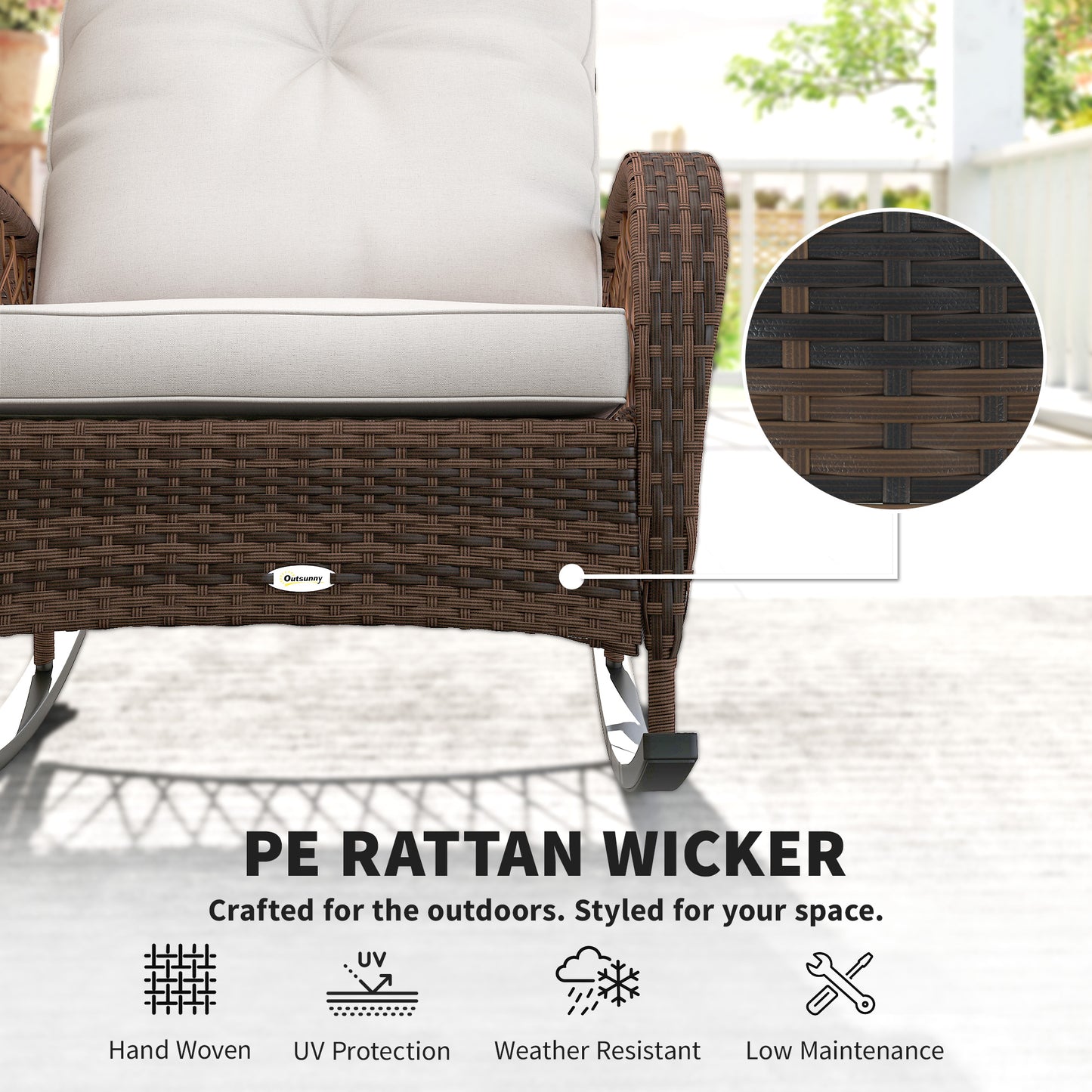 Outdoor Wicker Rattan Rocking Chair Patio Rocker with Thick Cushions for Garden Backyard Porch, Light Mixed Brown