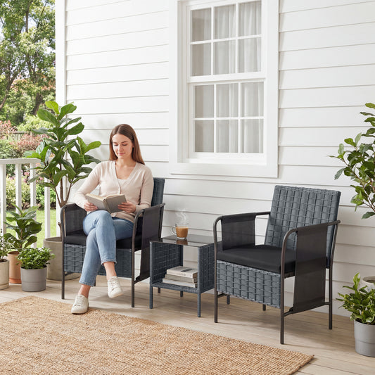3 Piece Wicker Patio Furniture Set, Outdoor Bistro Set, Side Pockets, Mesh Seat, 2 Tier Glass Table, Cushions, Black - Black