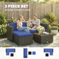 3 Pieces Patio Furniture Set with Cushions, Outdoor PE Rattan Wicker Conversation Corner Sofa Set with Glass Top Table