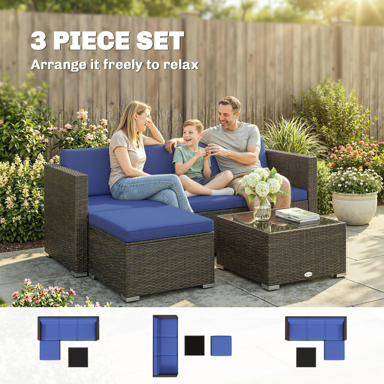 3-Piece PE Rattan Corner Sofa Set with Glass Top Table