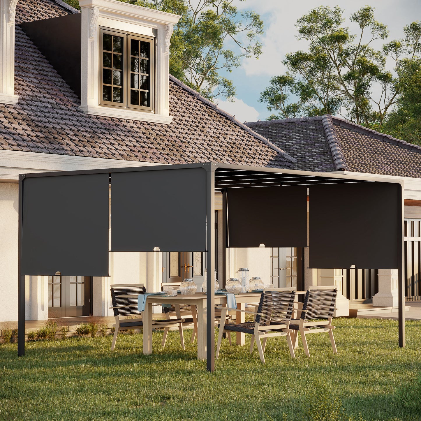 10' x 13' Outdoor Patio Pergola with Sliding Roof, LED Lights, Solar Powered for Garden, Lawn, Backyard, Dark Grey