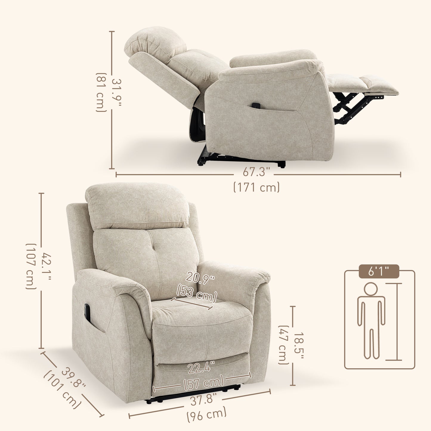 Manual Recliner Chair with Vibration Massage, Reclining Chair for Living Room with Side Pockets, Beige