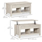 Lift Top Coffee Table with Hidden Storage Compartment and Open Shelves, Lift Tabletop Pop-Up Center Table for Living Room, Oak Effect