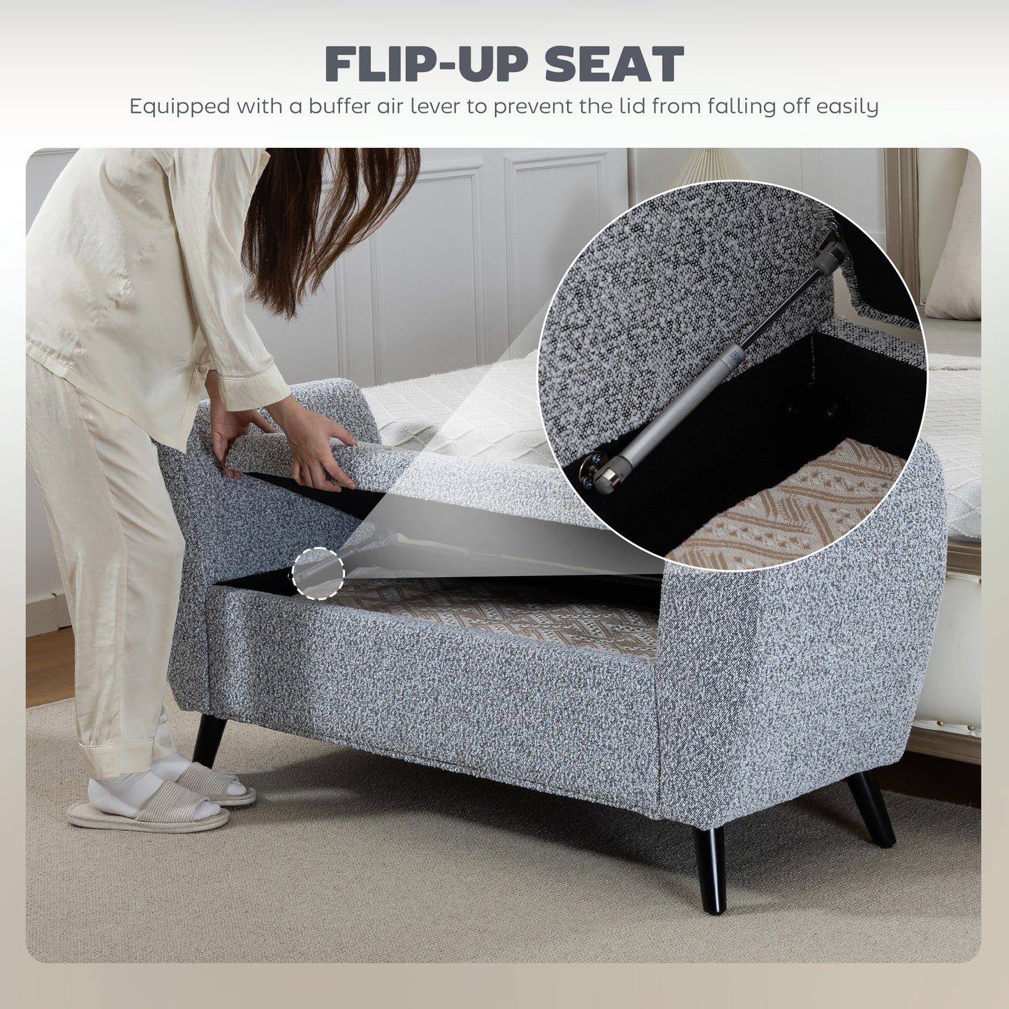 Upholstered Storage Bench with Arms, Modern Ottoman Bench for Bedroom, Entryway, and Living Room, Grey