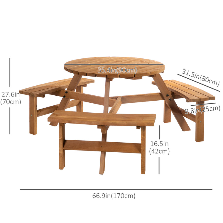 6-Person Wood Picnic Table with 3 Built-In Benches