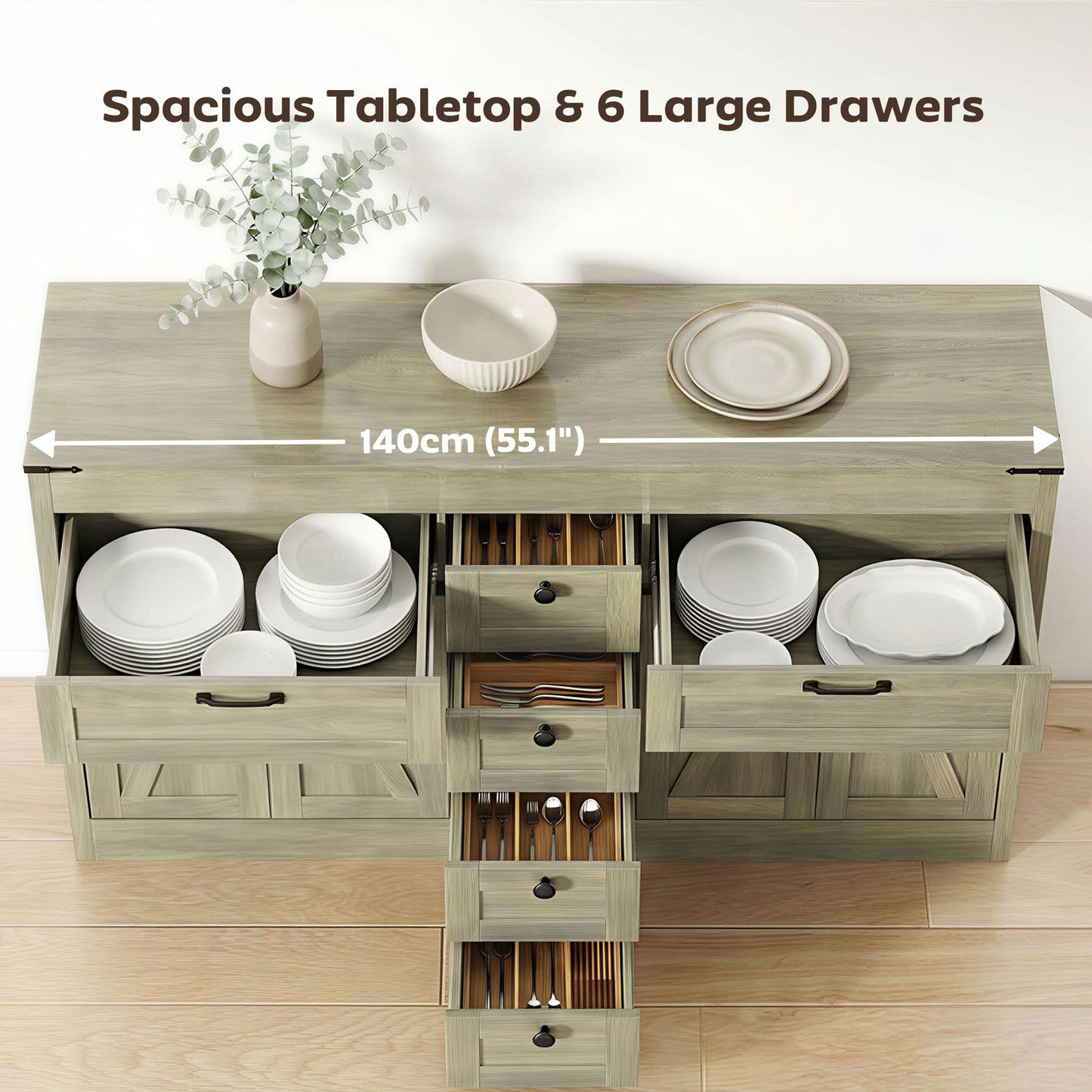 Sideboard Buffet Cabinet, 55" Farmhouse Kitchen Cabinet with 4 Barn Doors, 6 Drawers and 2 Adjustable Shelves, Grey