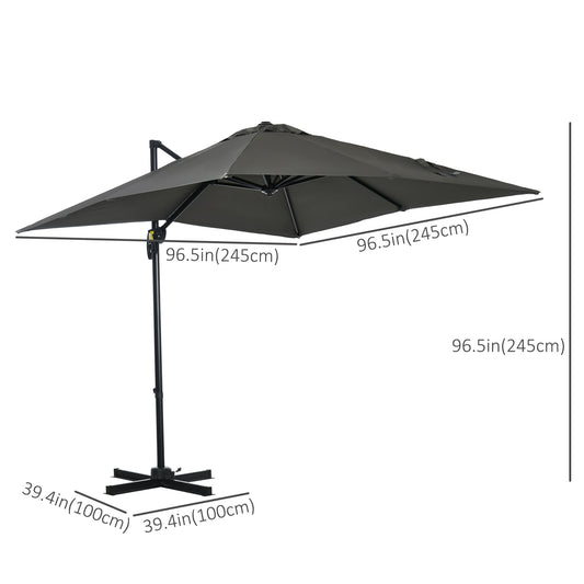 8' x 8' Square Patio Hanging Offset Umbrella with 360° Rotation, Aluminum Outdoor Cantilever Parasol with Crank & Tilt, Sun Canopy Shelter with Cross Base, Grey
