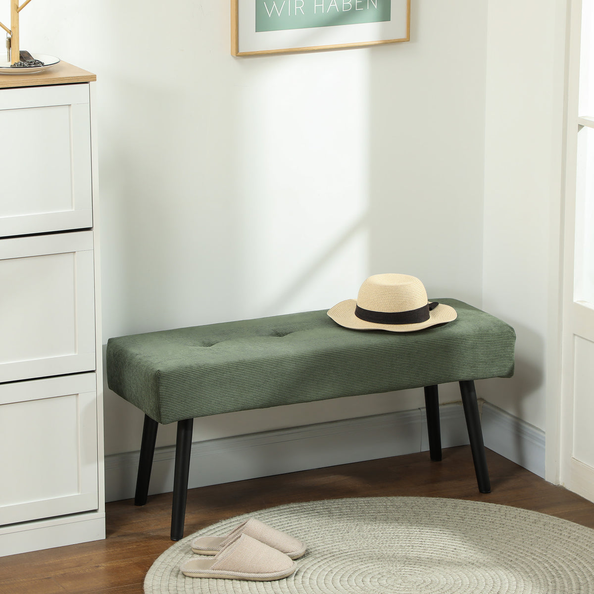 39" Upholstered Ottoman Bench, Corduroy Entryway Bedroom Bench with Padded Seat and Steel Legs for Bedroom, Green