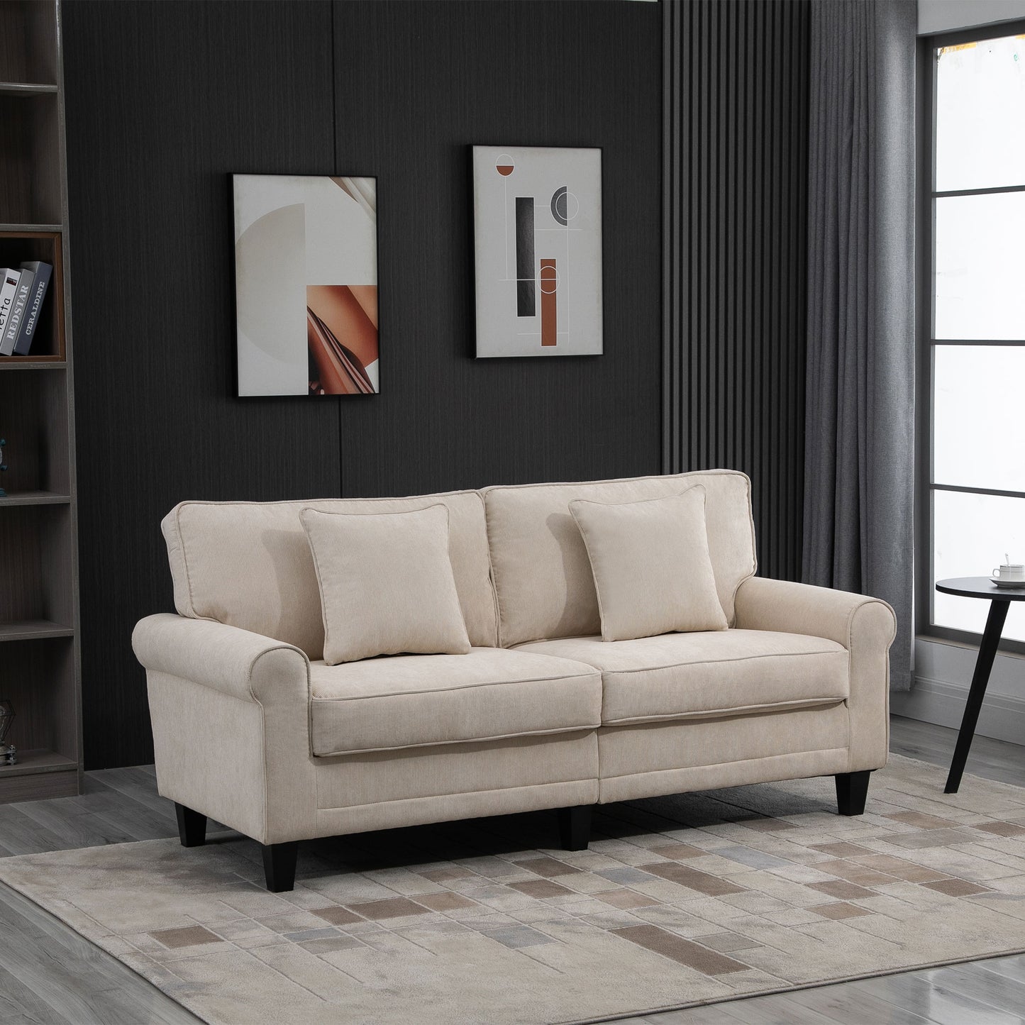 Modern 3 Seater Sofa, Corduroy Fabric 3 Seater Couch with Pine Wood Legs and Rolled Armrests for Living Room, Beige