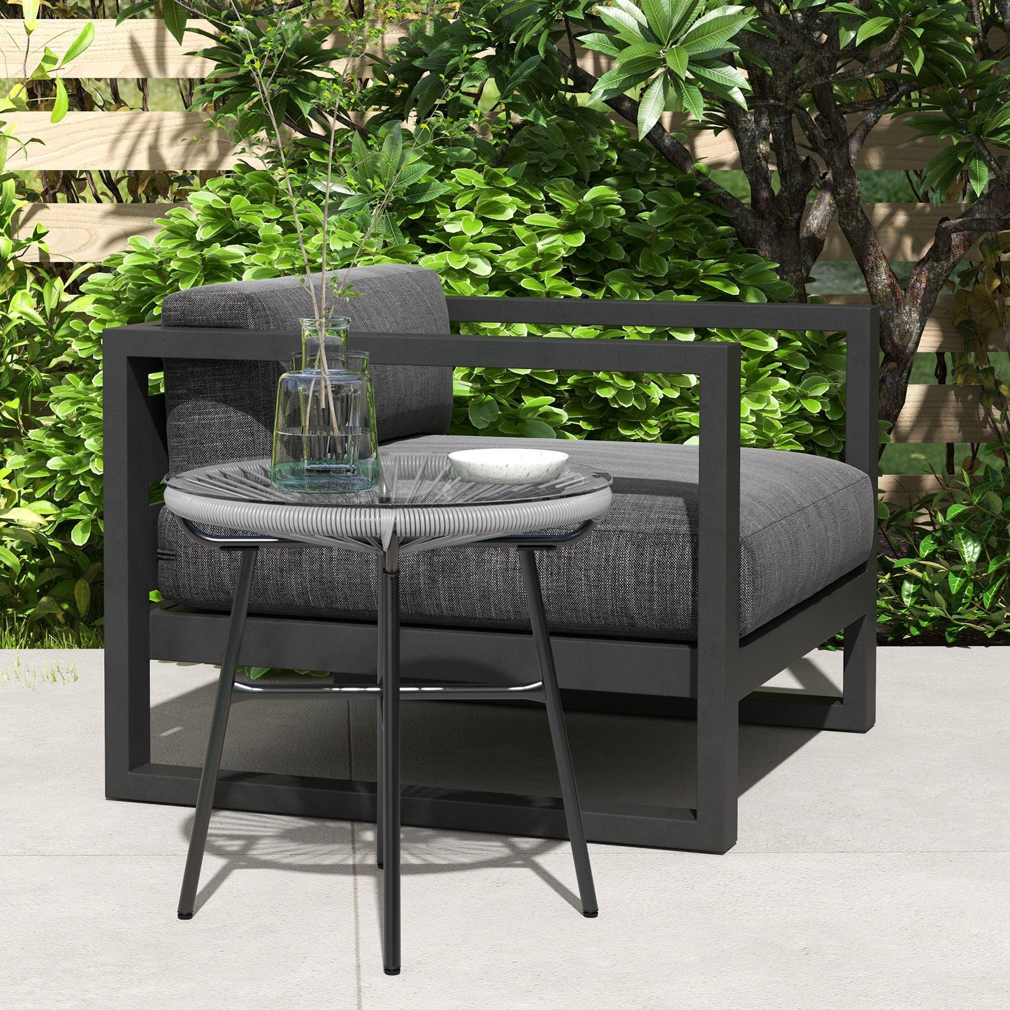 Rattan Side Table, Round Outdoor Table, with Round PE Rattan and Tempered Glass Table Top for Patio, Garden, Dark Grey
