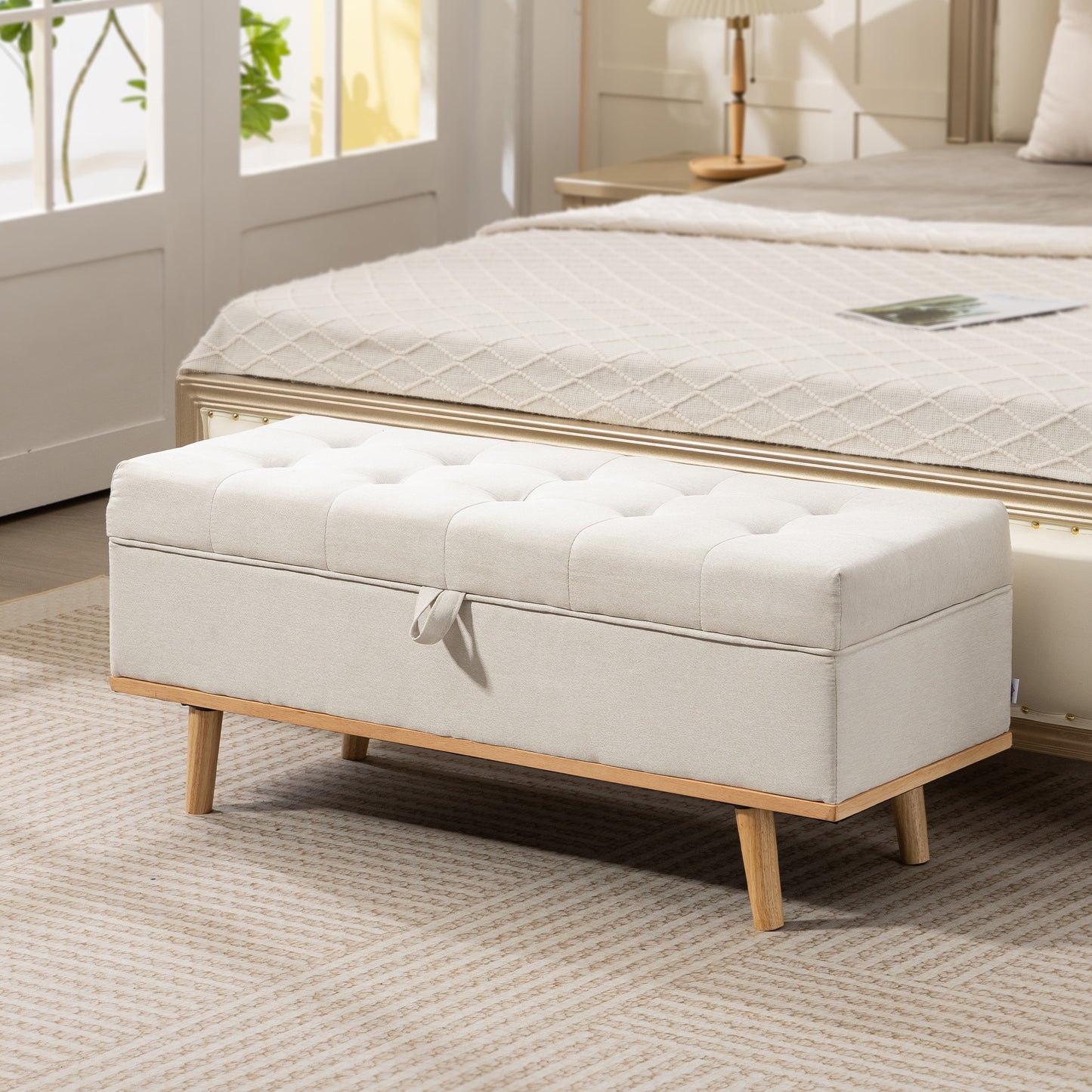 Storage Ottoman Bench, Foot Rest with Lift-Up Lid and Wood Legs, Linen Storage Chest for Living Room, Cream White