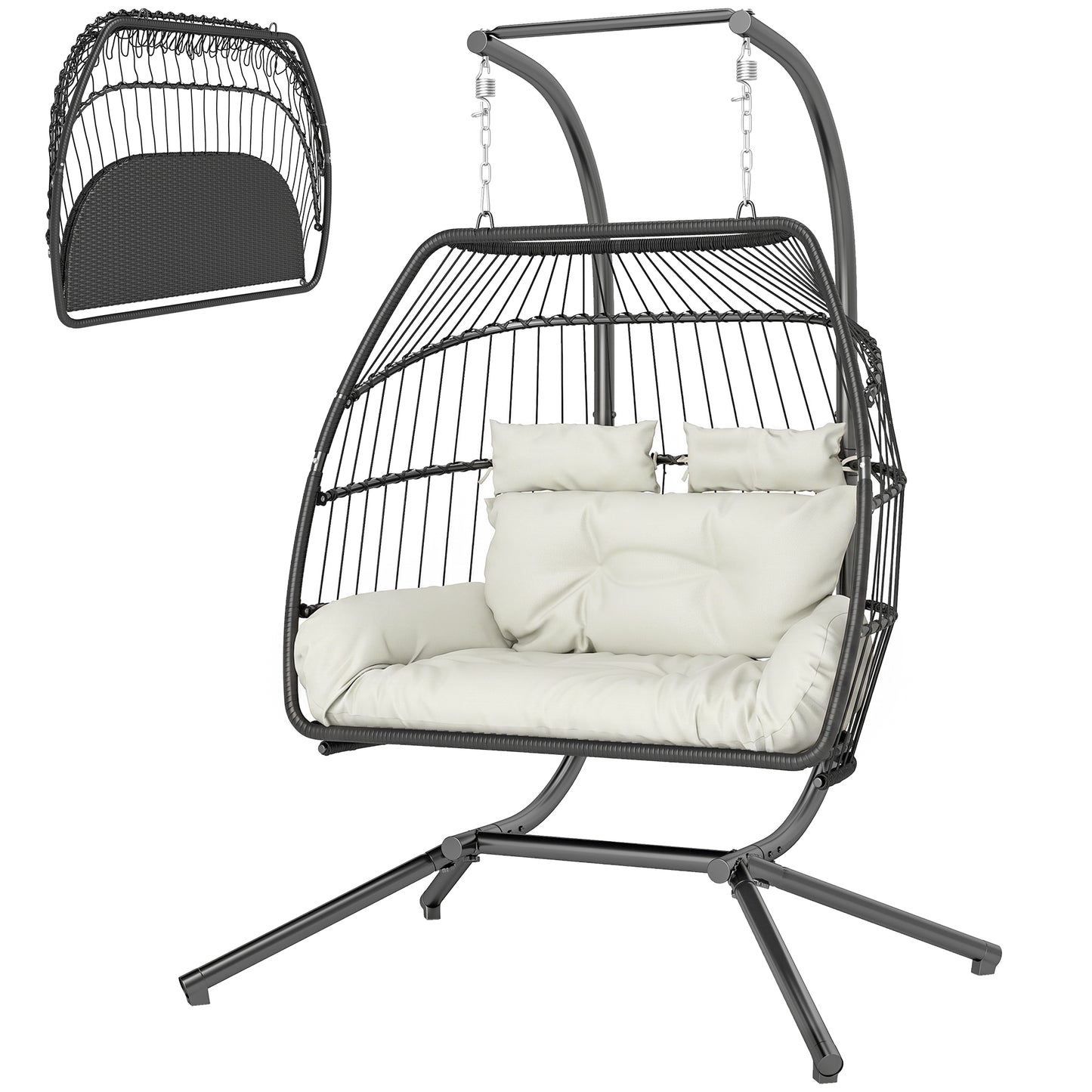 Double Wicker Egg Swing Chair with Stand, Foldable Hanging Egg Chair with UV Resistant Cushion, Headrest, Cream White