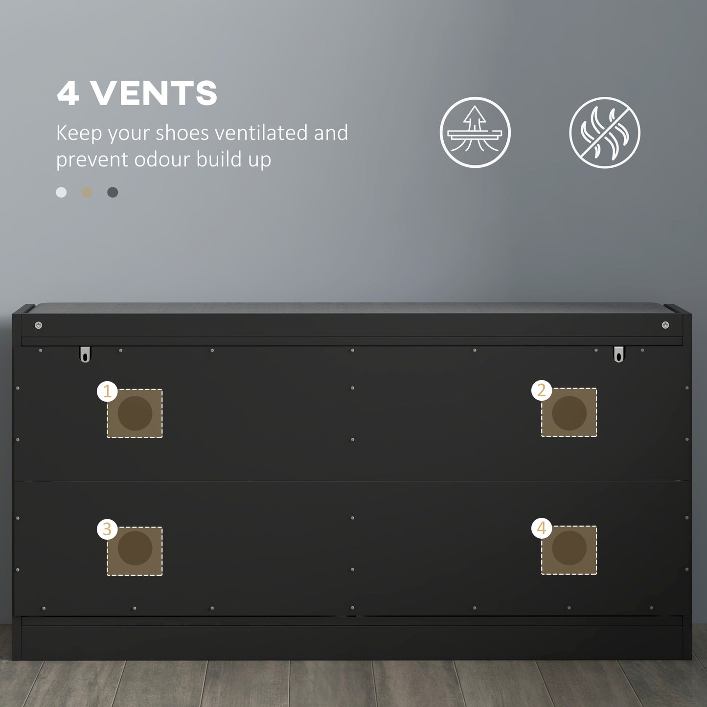 Shoe Storage with Seat, Upholstered Hallway Bench, Shoe Bench with 2 Flip Drawers and 4 Vents for 8 Pairs of Shoes
