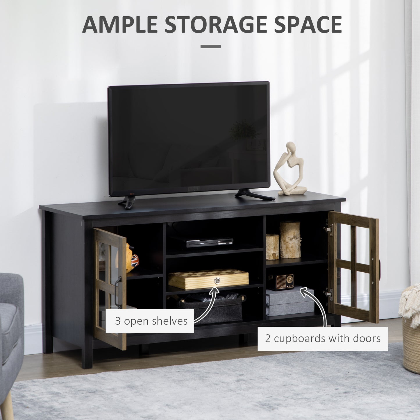 TV Stand for TVs up to 55 Inches, TV Cabinet with Adjustable Shelves and Cable Holes, TV Bench for Living Room, Black