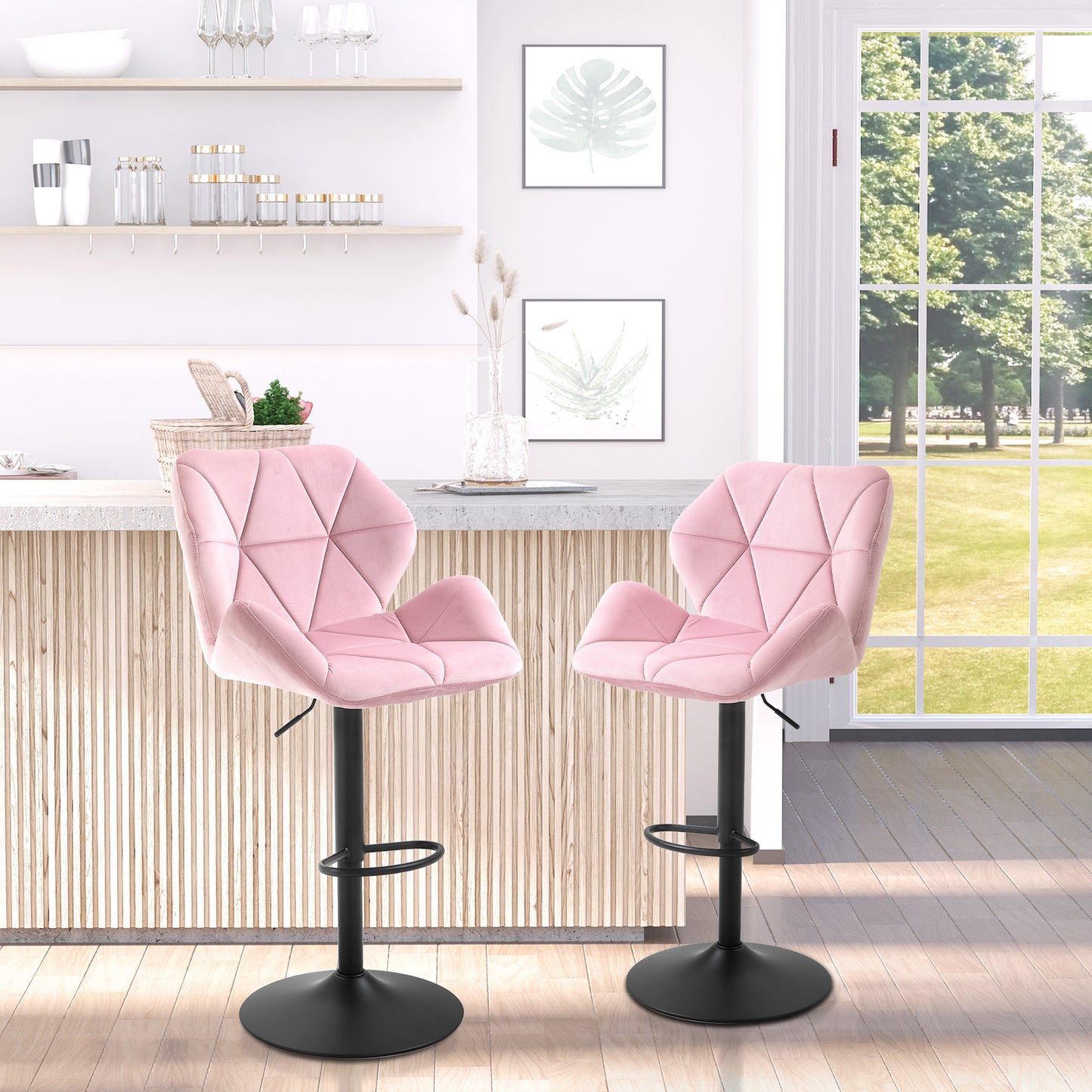 Velvet-Touch Bar Stool Set of 2 Fabric Adjustable Height Armless Counter Chairs with Swivel Seat, Pink