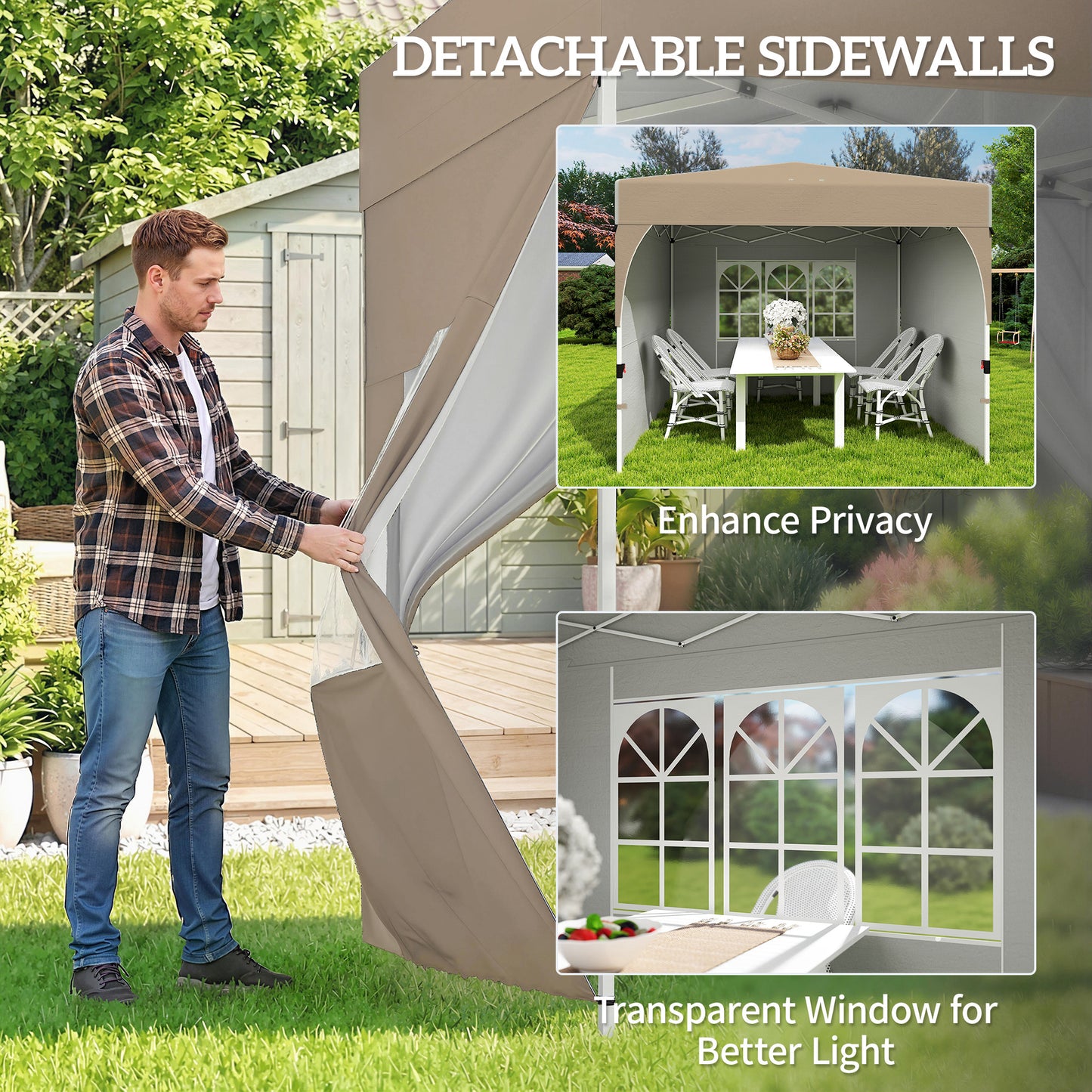 9.6 x 9.6 ft Pop Up Canopy Tent with 3 Sidewalls, UPF 50+ 1-Button Push Easy Setup Outdoor Instant Canopy, Khaki