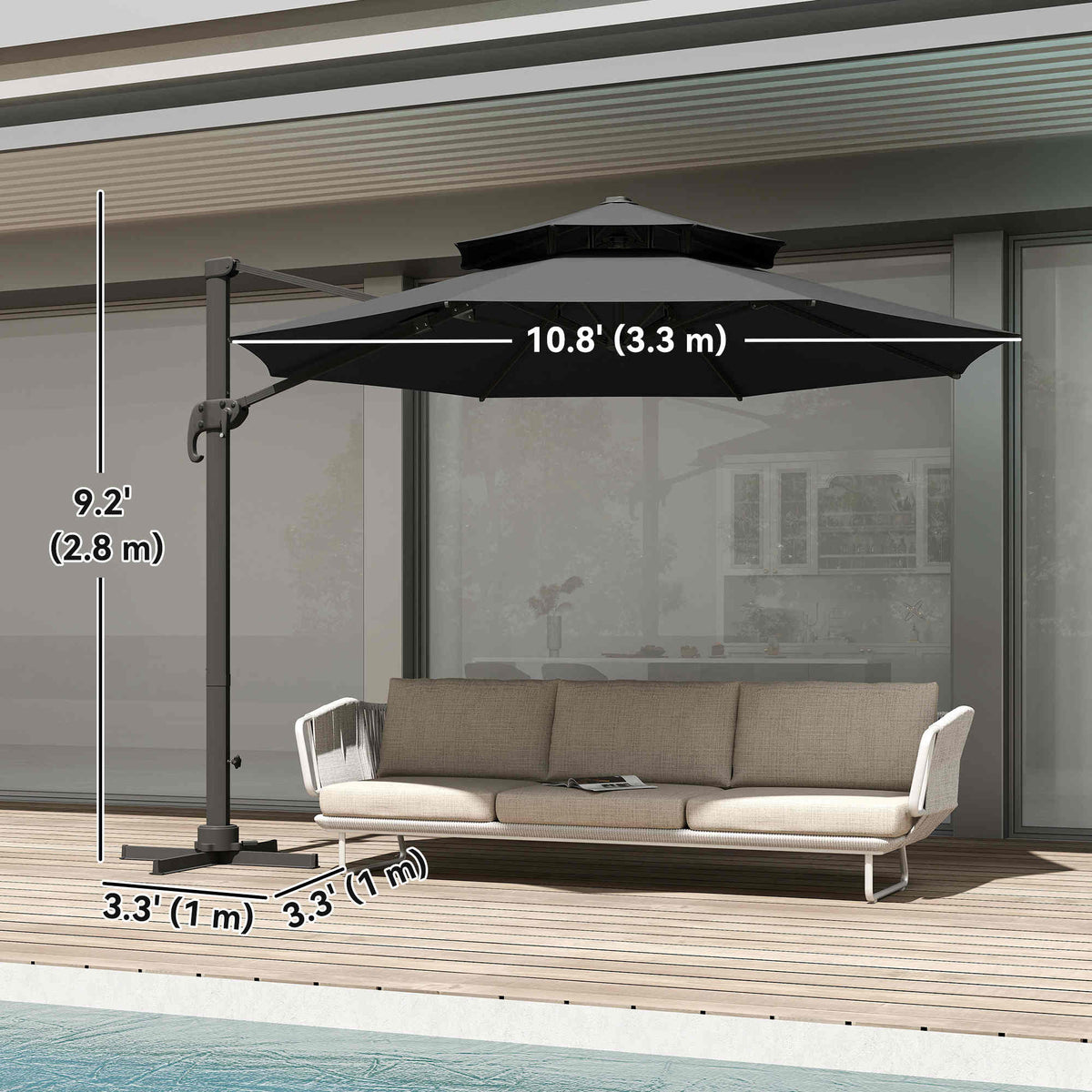 11ft Dark Grey Aluminum Cantilever Umbrella, Adjustable Angle