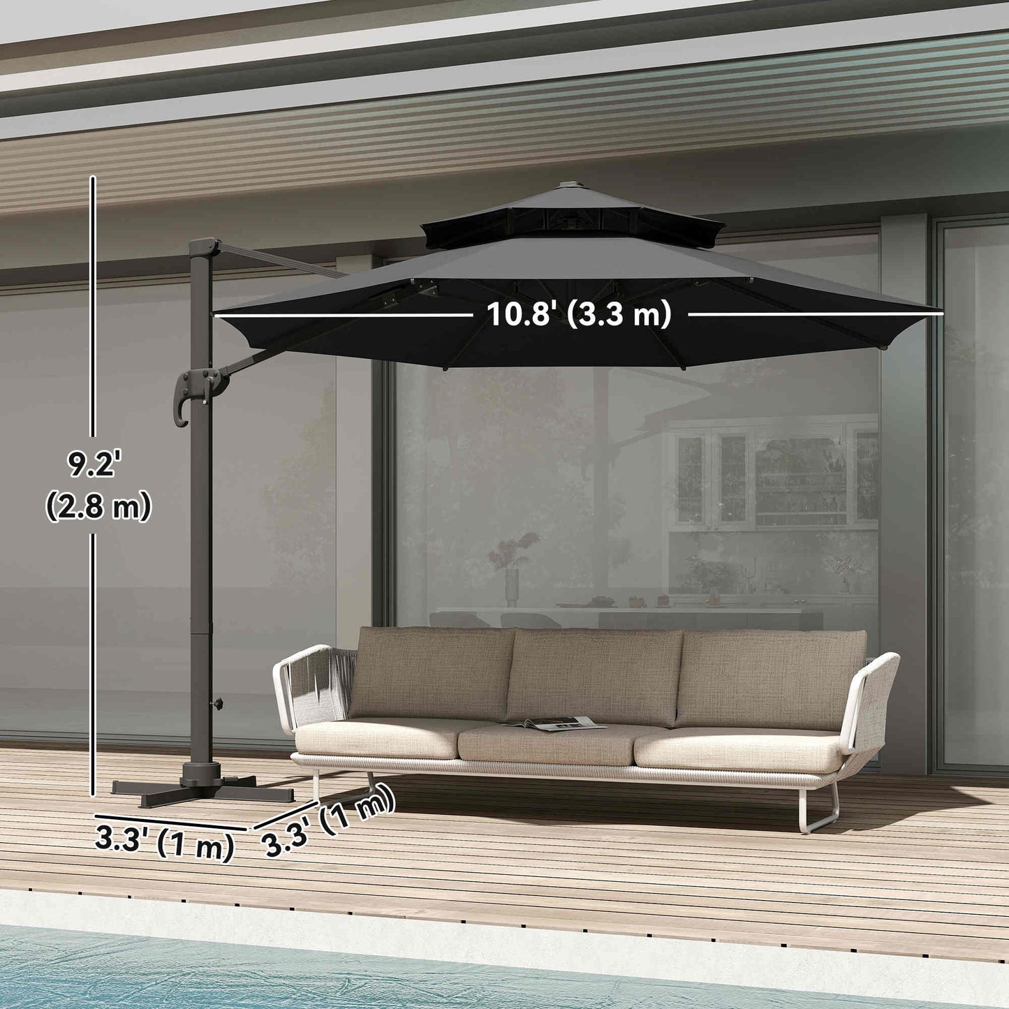 11ft Dark Grey Aluminum Cantilever Umbrella, Adjustable Angle