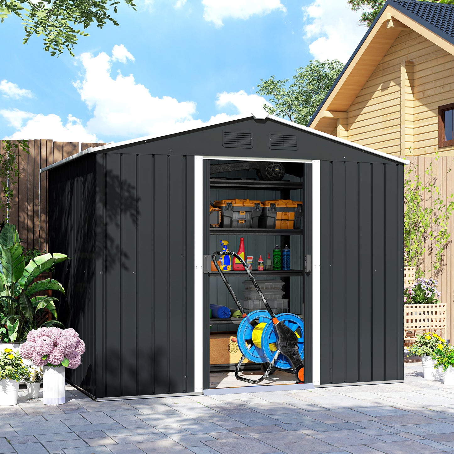 8' x 6' Outdoor Storage Shed, Metal Garden Tool Storage House with Lockable Sliding Doors and Vents for Backyard Patio Lawn, Charcoal Grey