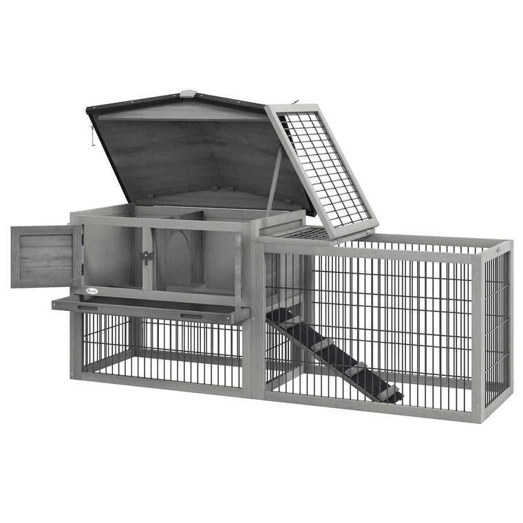 Light Grey Wood Rabbit Hutch with Ramp & Openable Roof
