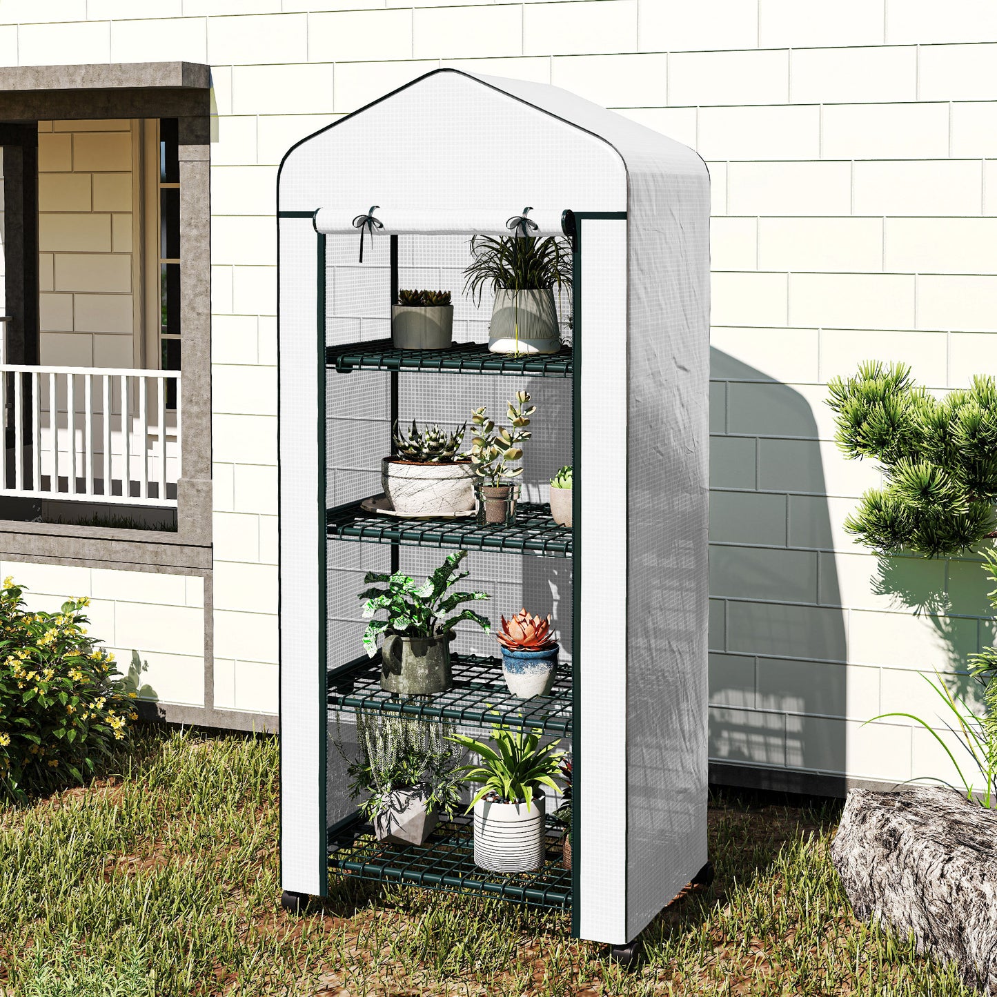 Portable Greenhouse, Outdoor Hot House Plant Flower Greenhouse with 4 Tier Shelves, PE Cover, White
