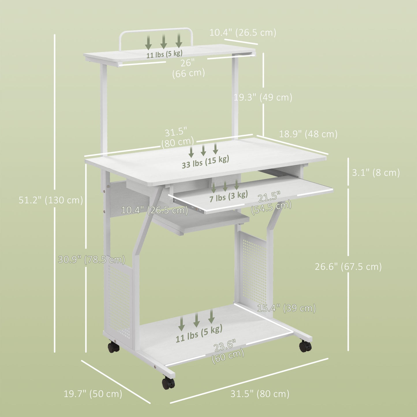 32" Mobile Computer Table, Rolling Study Desk for Home Office with Keyboard Tray, Storage Shelves, Wheels, White
