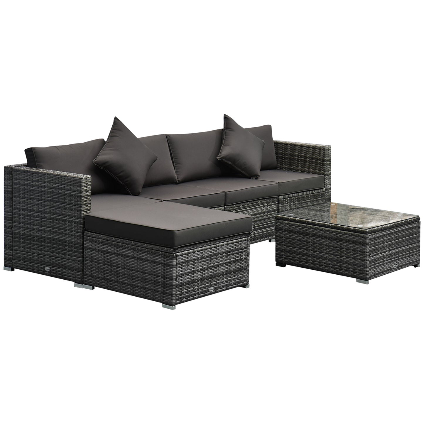 6 Pieces Outdoor PE Rattan Wicker Patio Furniture Sofa Set with Thick Cushions, Deluxe Garden Sectional Couch with Glass Top Table, Mixed Grey and Dark Grey