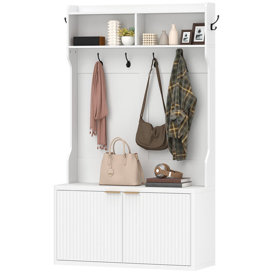 4-in-1 Hall Tree with Shoe Bench and Coat Rack - White