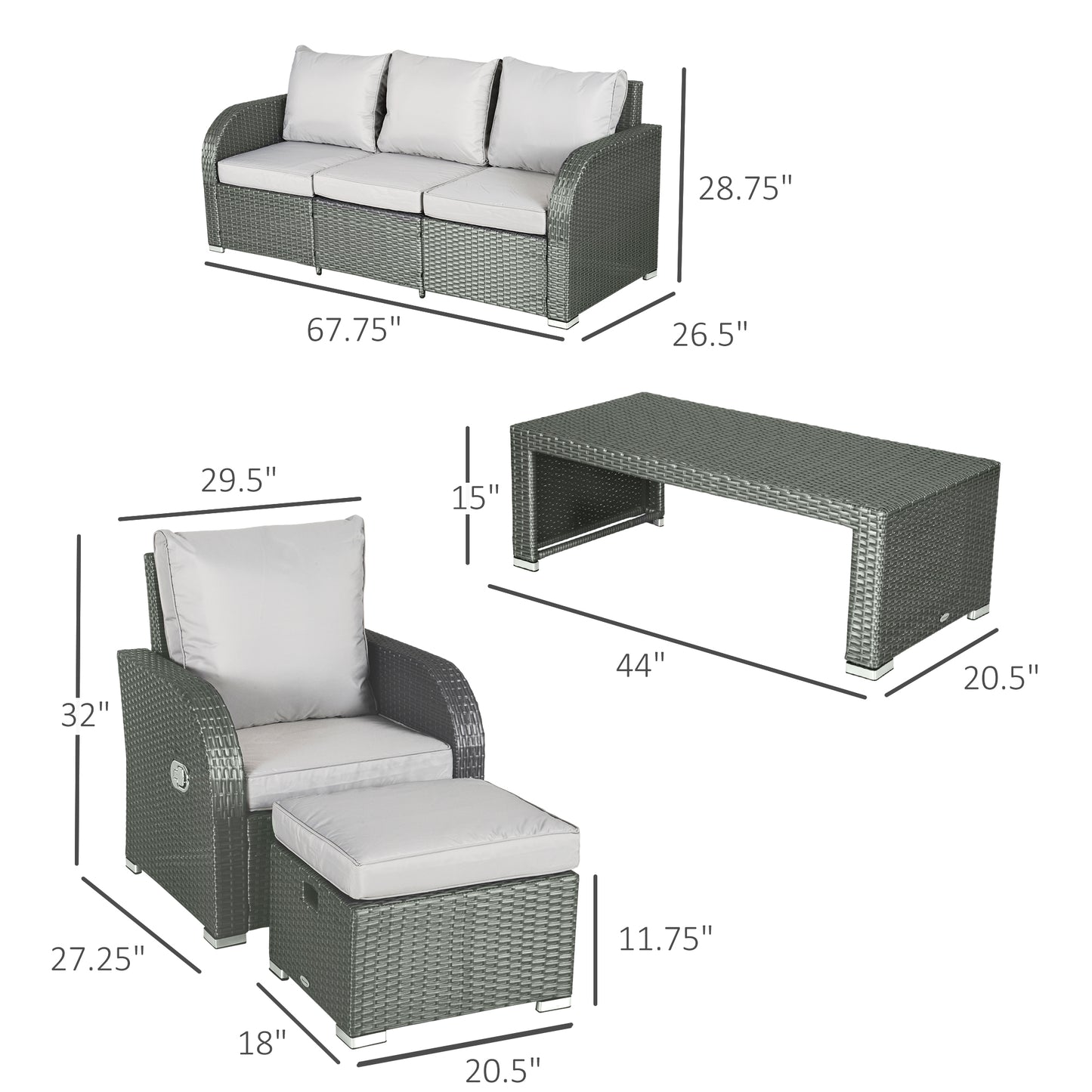 6 Pcs Patio Furniture Set with Wicker Recliner Chairs, PE Wicker Sectional Sofa Set with a 3-Seat Sofa, 2 Footstools, Table, 2 Recliner Chairs, Grey