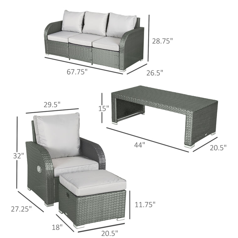 Grey 6-Piece Wicker Sectional Sofa Set with Recliners