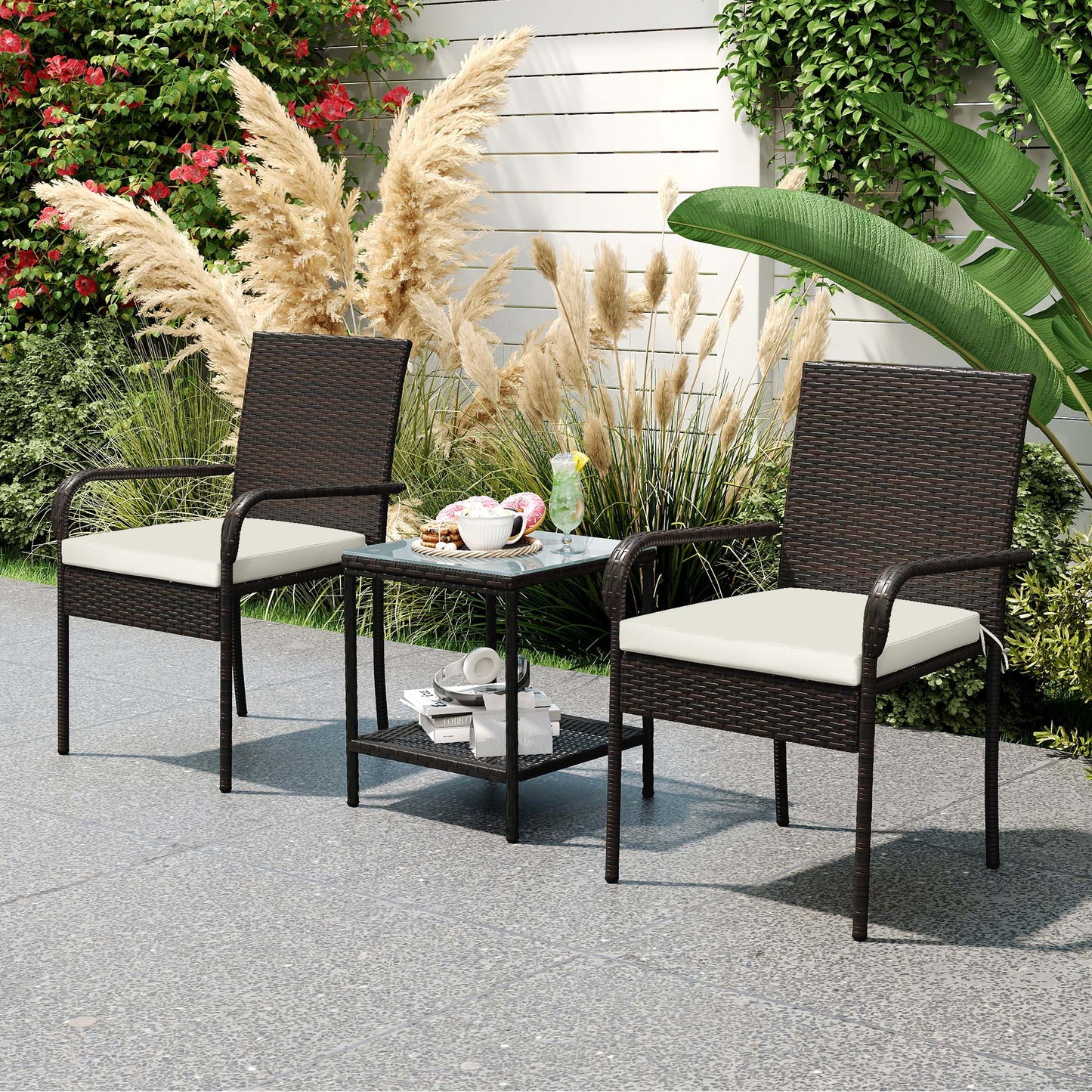3 Piece Wicker Patio Furniture Set with Stackable Chairs, Washable Cushion, Tempered Glass Top, for Backyard, Brown