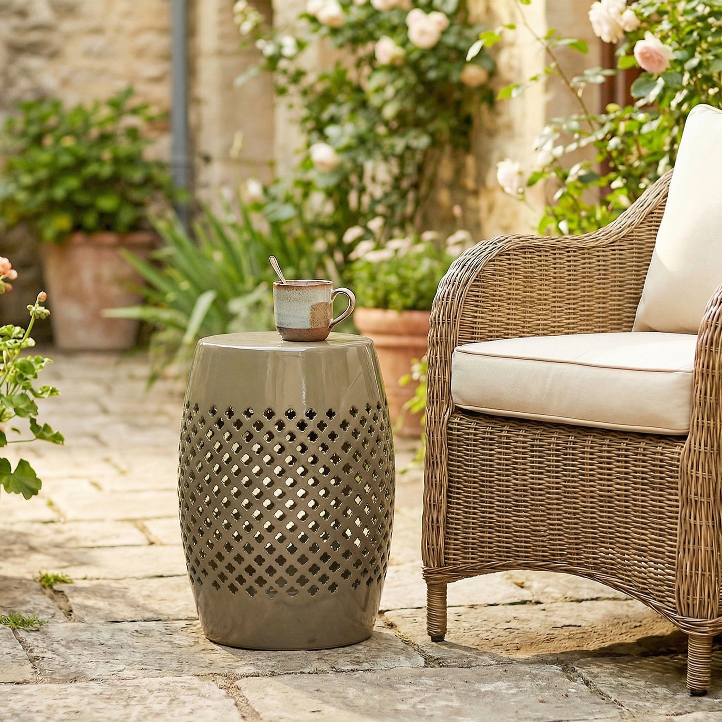 12.4" Steel Patio End Table, Round Hollow Drum Side Table, Accent Table for Indoor and Outdoor, Khaki