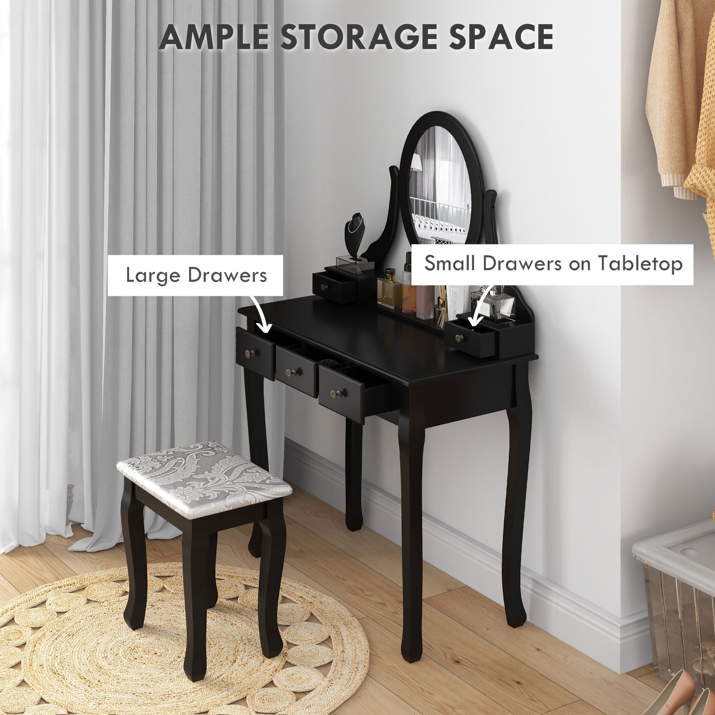 Vanity Desk with Stool, Makeup Vanity with 360° Rotating Oval Mirror, 5 Drawers and Padded Seat, Dressing Table for Bedroom, Black