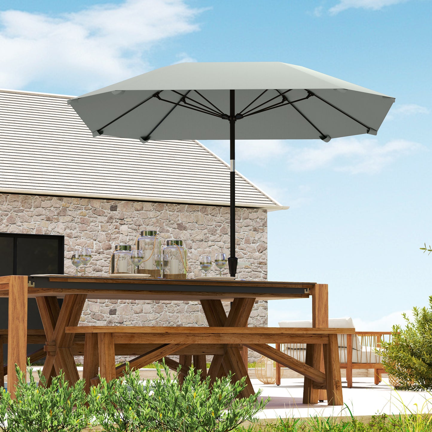 7.6FT Aluminum Patio Umbrella Parasol 8 Ribs Outdoor Market Umbrella with Crank, Push Button Tilt for Deck, Backyard and Lawn, Light Grey