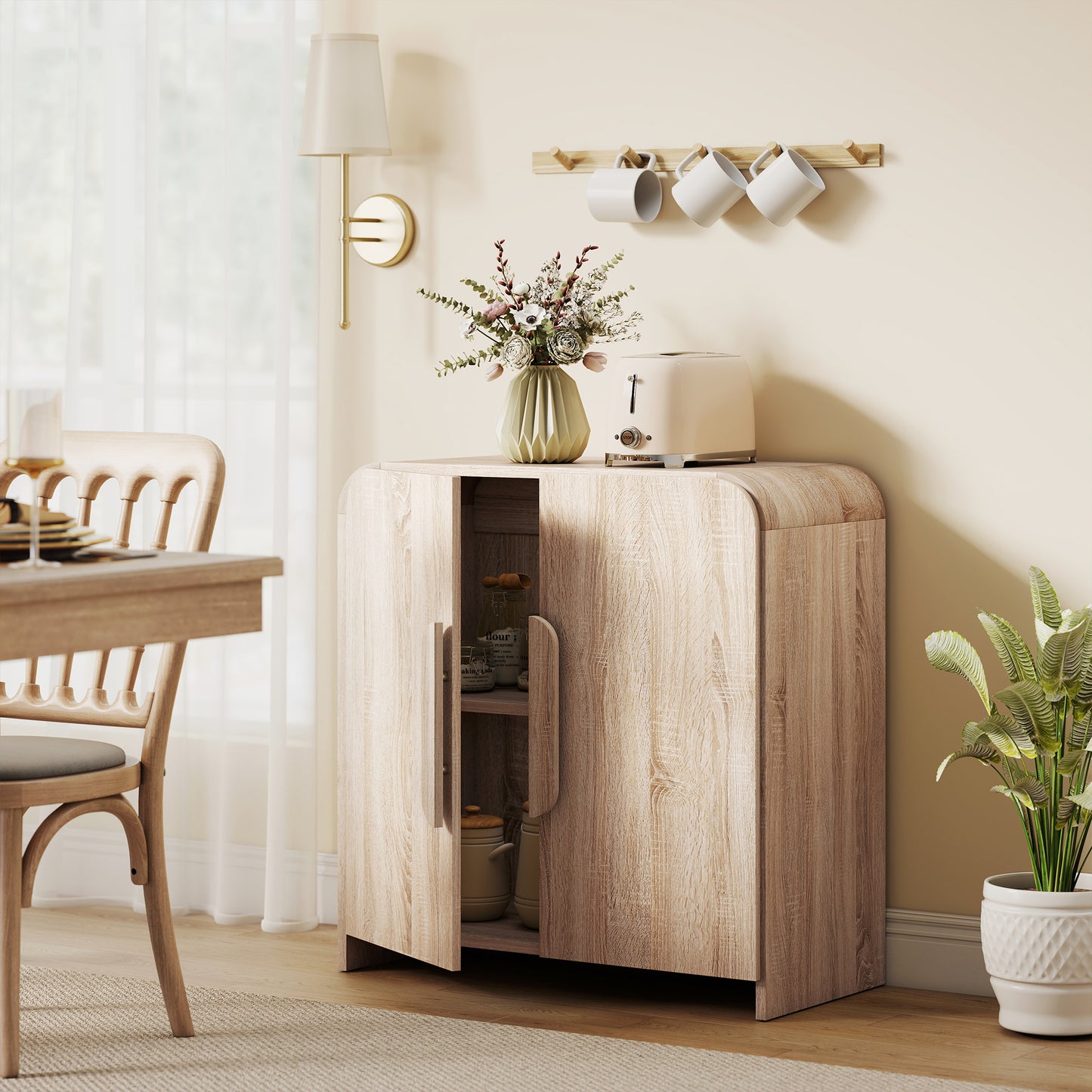 Sideboard Buffet Cabinet, 31.5" Modern Kitchen Storage Cabinet with Soft-Close Door and Adjustable Shelf, Natural Wood