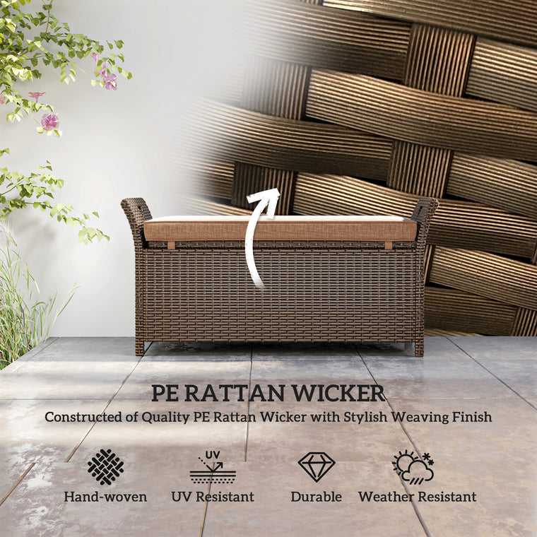 29 Gallon Wicker Storage Bench with Handles and Cushion