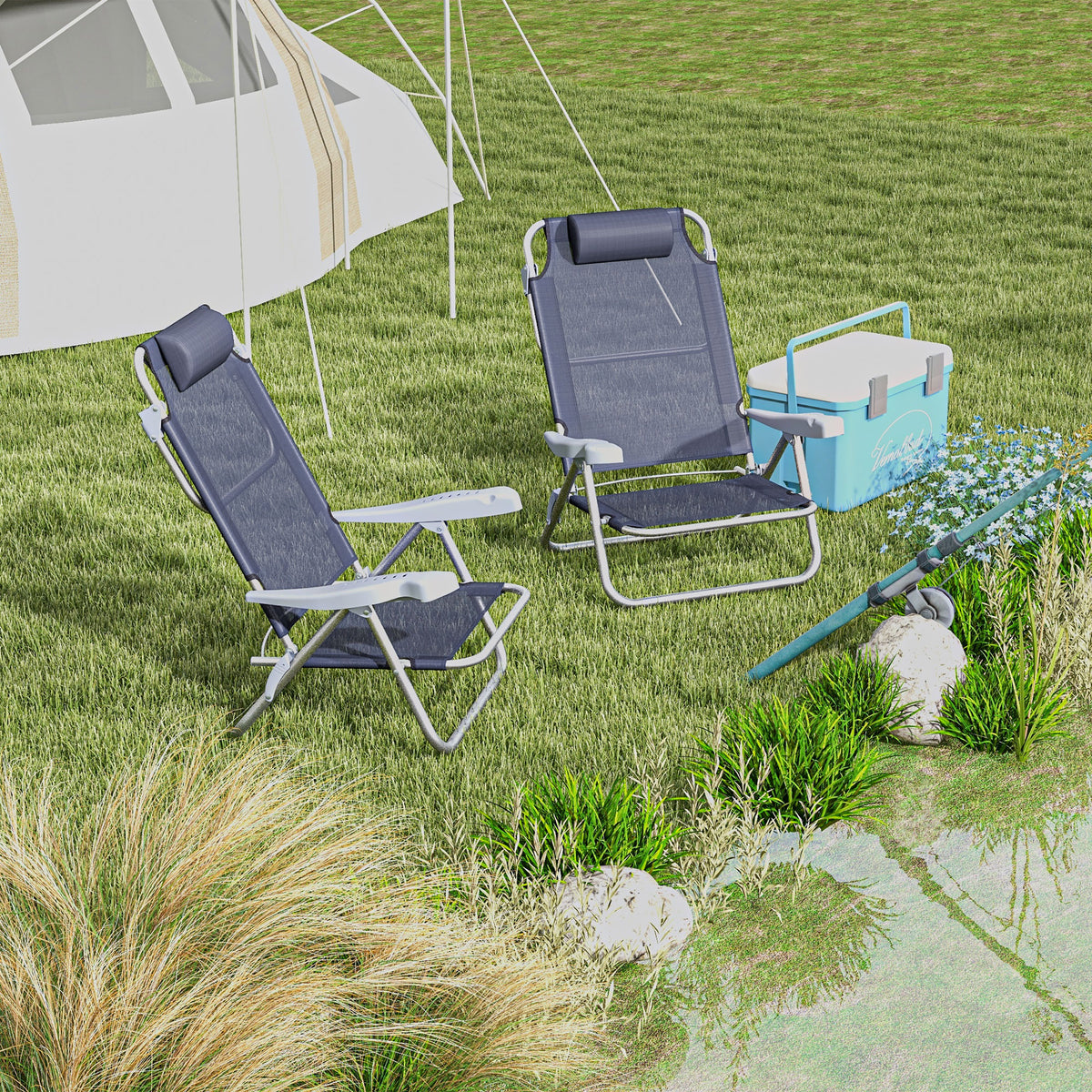Set of 2 Camping Chairs, Beach Chairs with Adjustable Backrest and Headrest, Folding Chair for Outdoor, Dark Blue