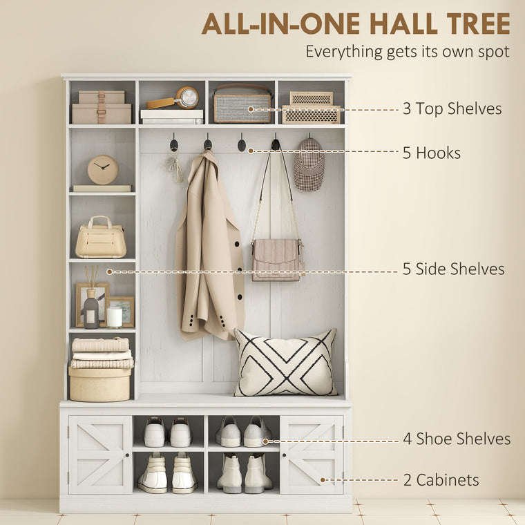 Hall Tree Storage Bench with Coat Rack - White Wood Grain