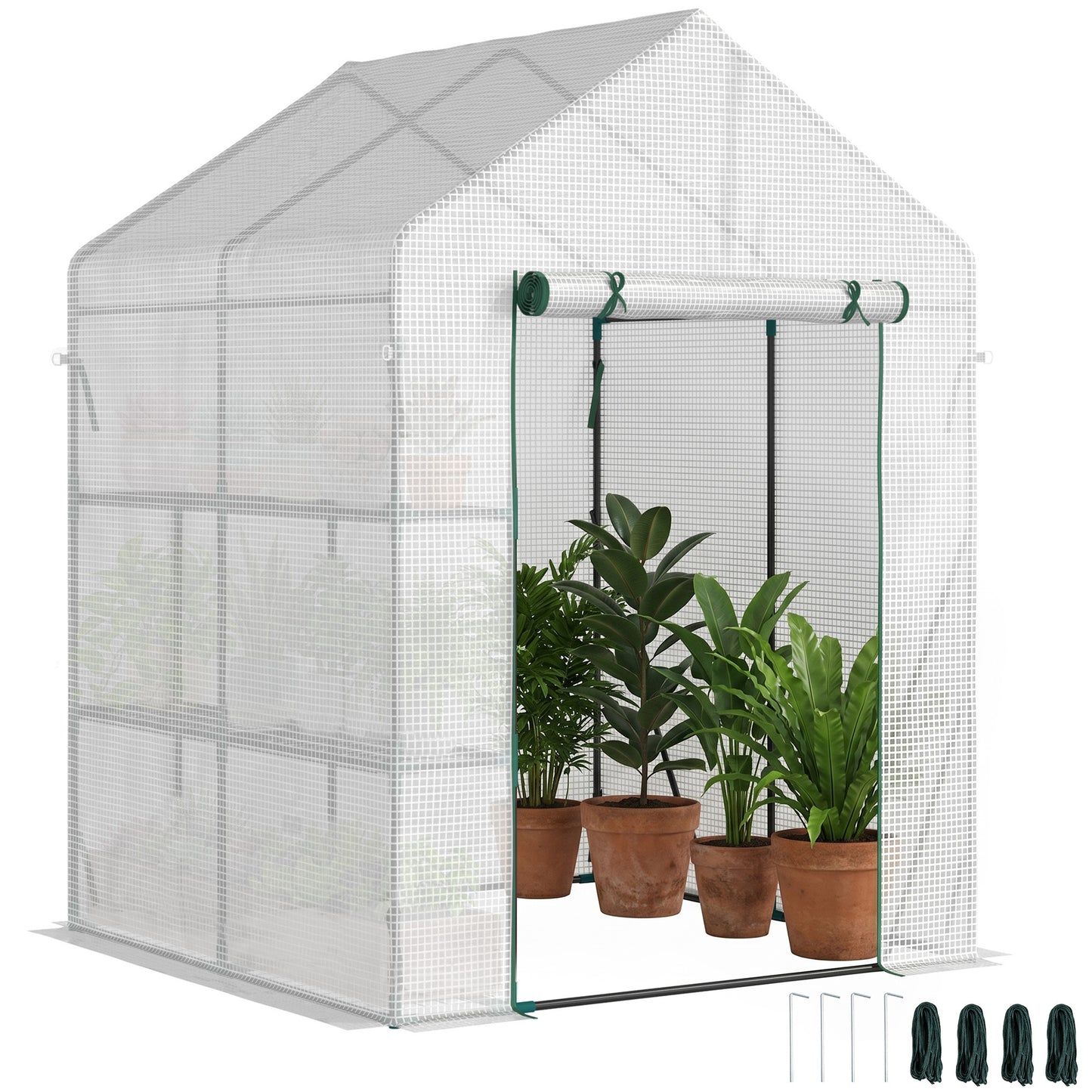 56" x 56" Walk-in Greenhouse Outdoor, Portable Gardening Plant Hot House with 2-Tier Shelf, Green