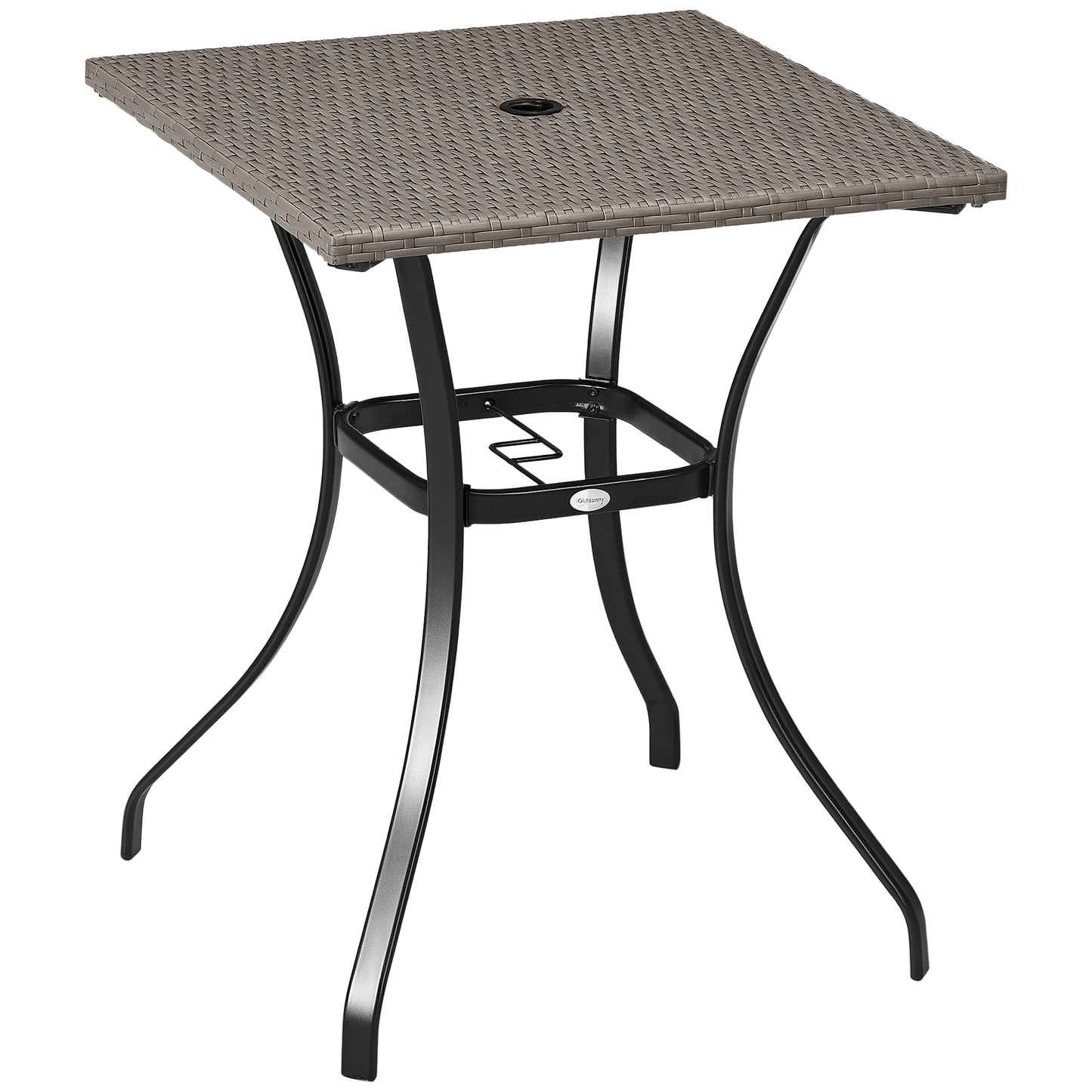 Patio Wicker Dining Table with Umbrella Hole, 34 Inch Outdoor PE Rattan Coffee Table with Plastic Board Under the Woven Table Top for Patio, Garden, Balcony, Mixed Brown