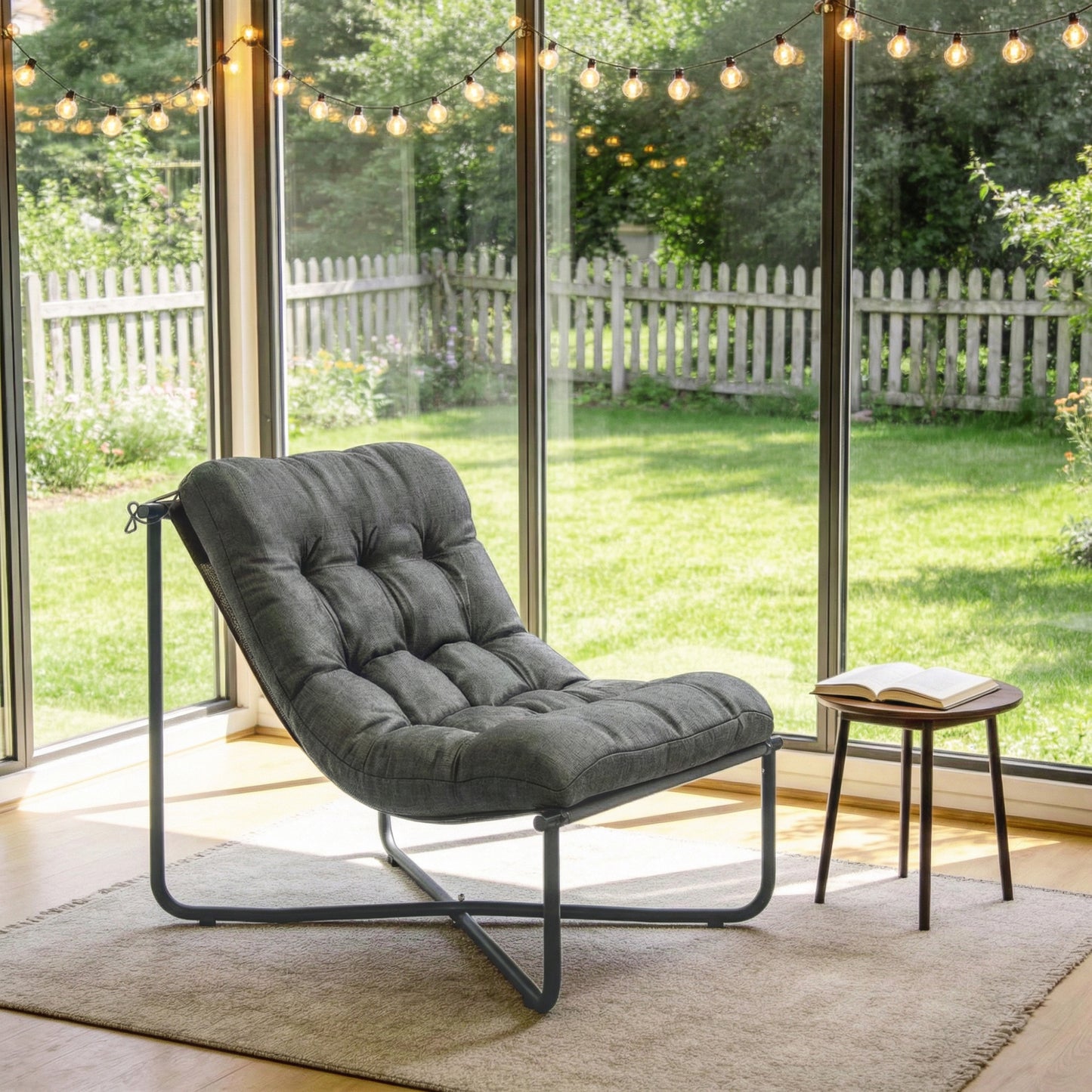Outdoor Patio Chair, Comfy Sling Lounge Chair with Cushion, Breathable Wide Seat, Steel Frame, Dark Grey