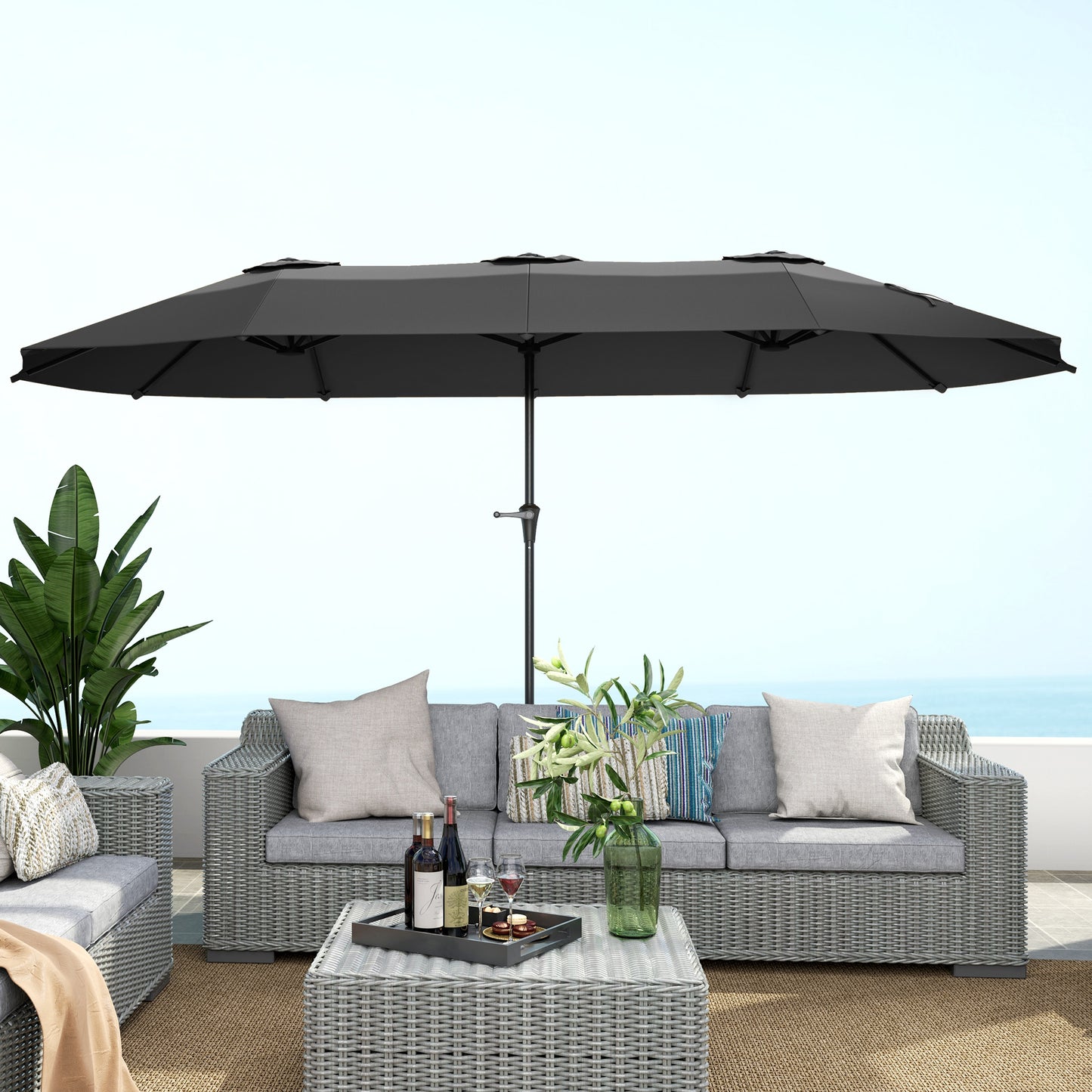 13ft Double-Sided Patio Umbrella with Crank Handle, for Poolside, Deck, Garden, Dark Grey