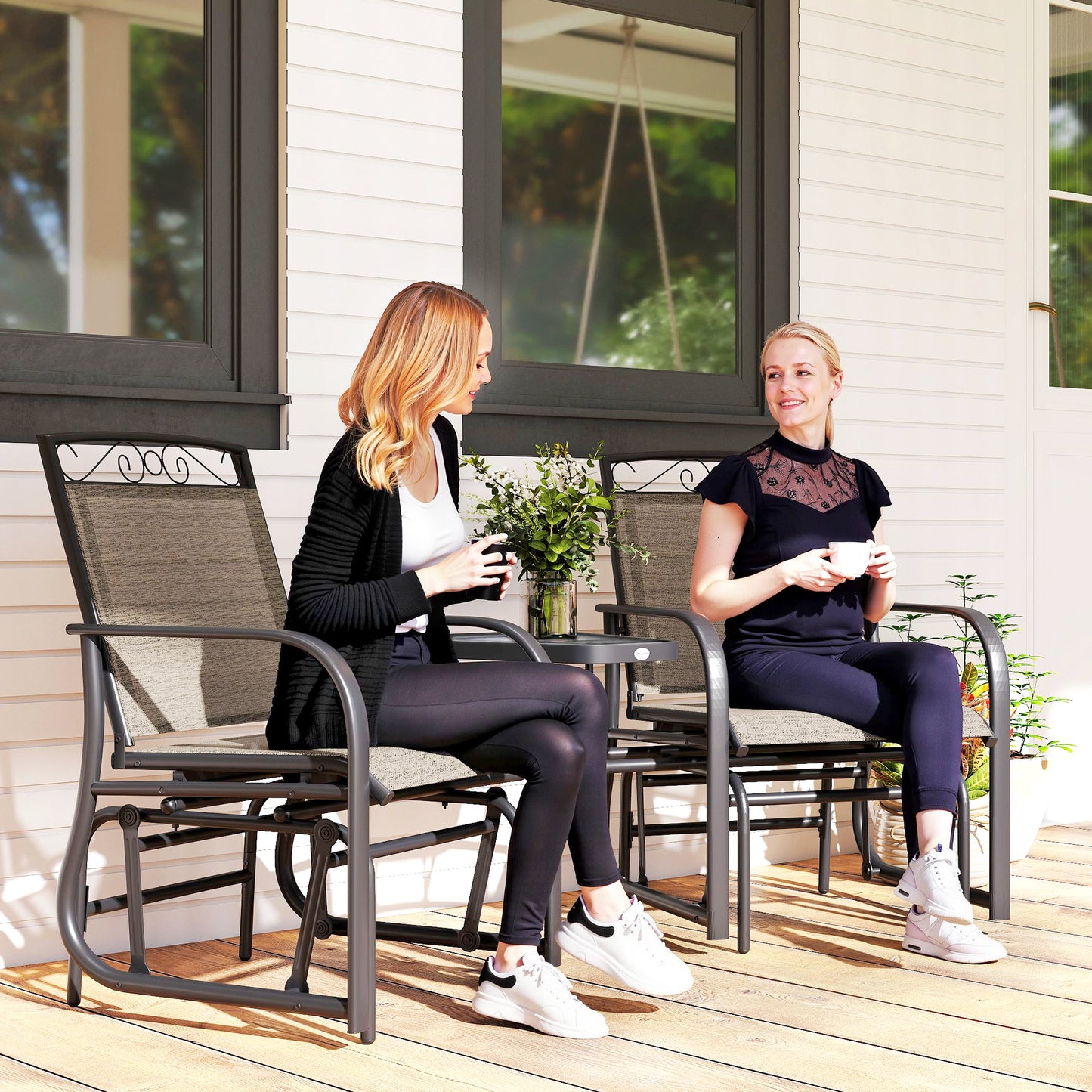 Outdoor Glider Bench with Coffee Table, Patio 2-Seat Rocking Chair Swing Loveseat with Breathable Sling for Backyard Garden Porch, Black