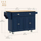 Kitchen Island with Storage, Rolling Kitchen Island with Drop Leaf, Rubber Wood Top and Adjustable Shelves, Navy Blue